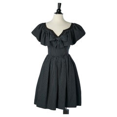 Retro Black cotton dress with blue stripes, ruffles and bow YSL Rive Gauche 