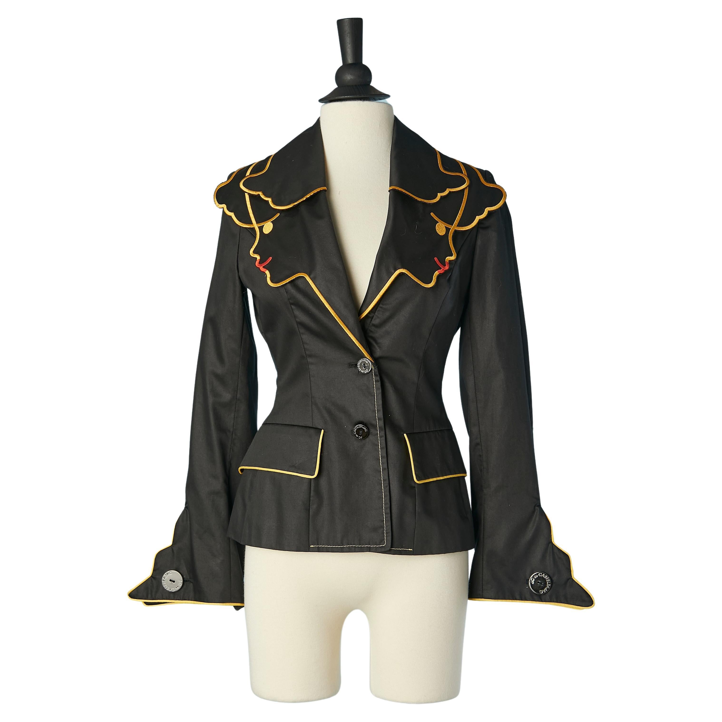 Black cotton jacket with " face " collar and yellow piping JC de Castelbajac  For Sale