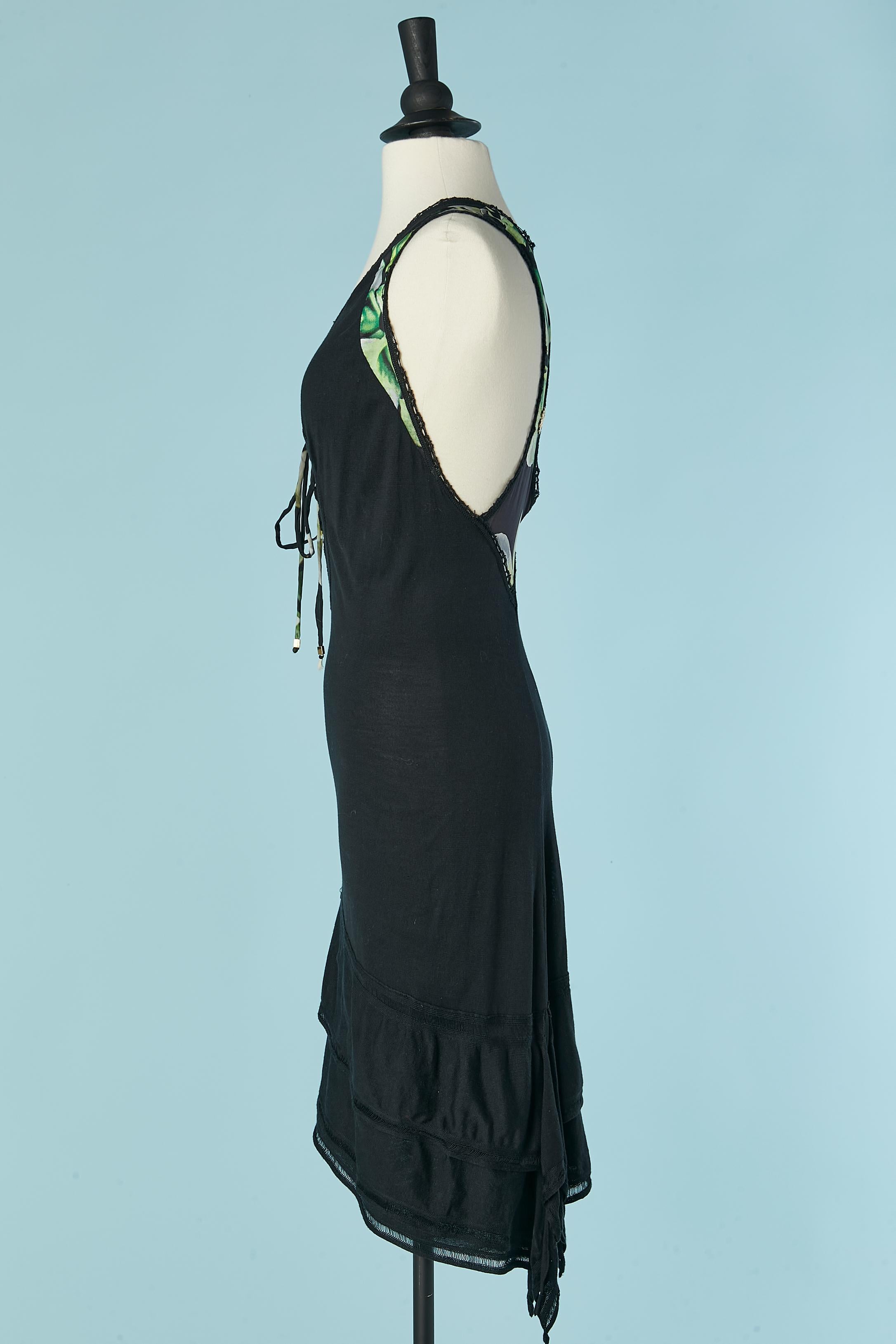 Black cotton knit and printed silk sleeveless dress Roberto Cavalli For Sale 1