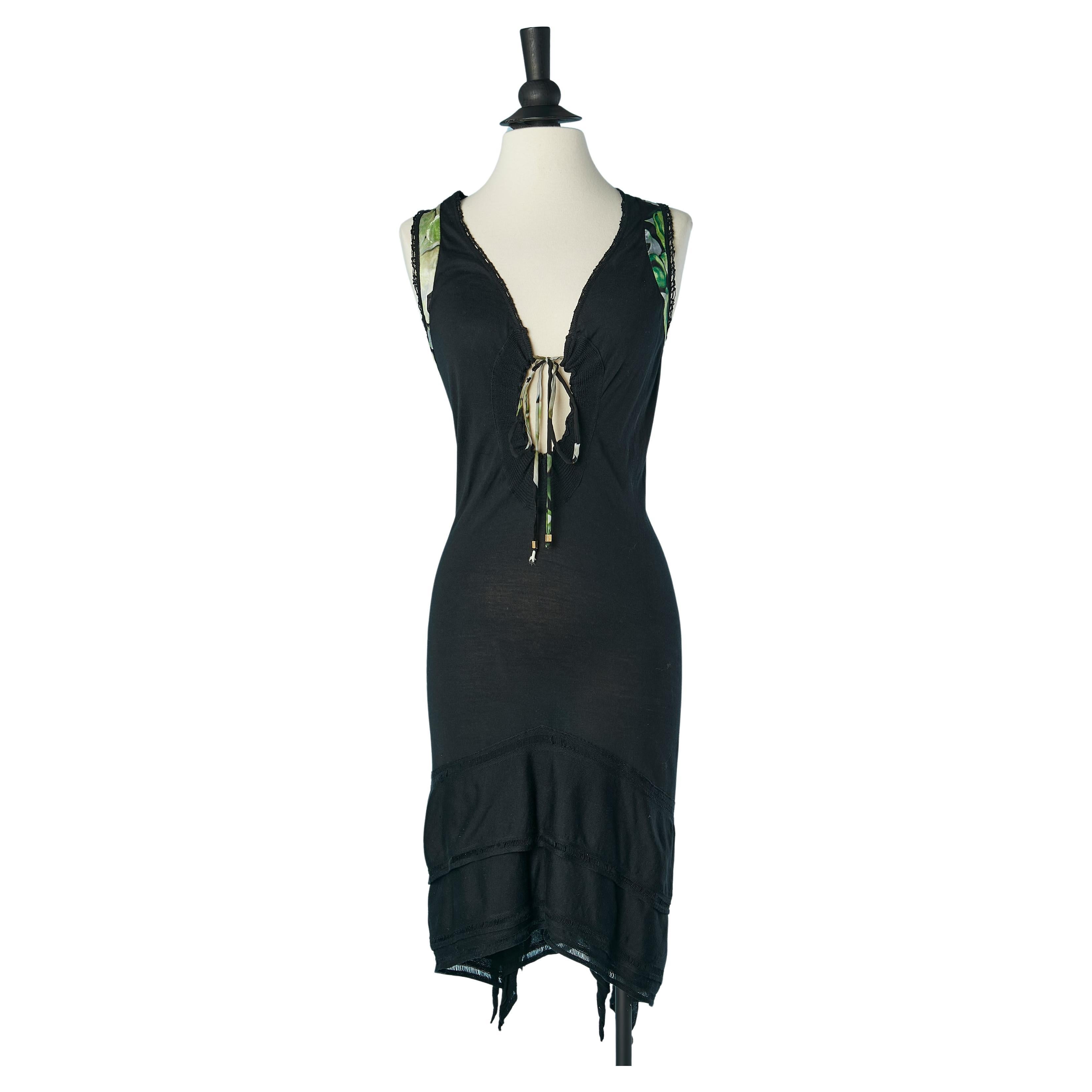 Black cotton knit and printed silk sleeveless dress Roberto Cavalli For Sale