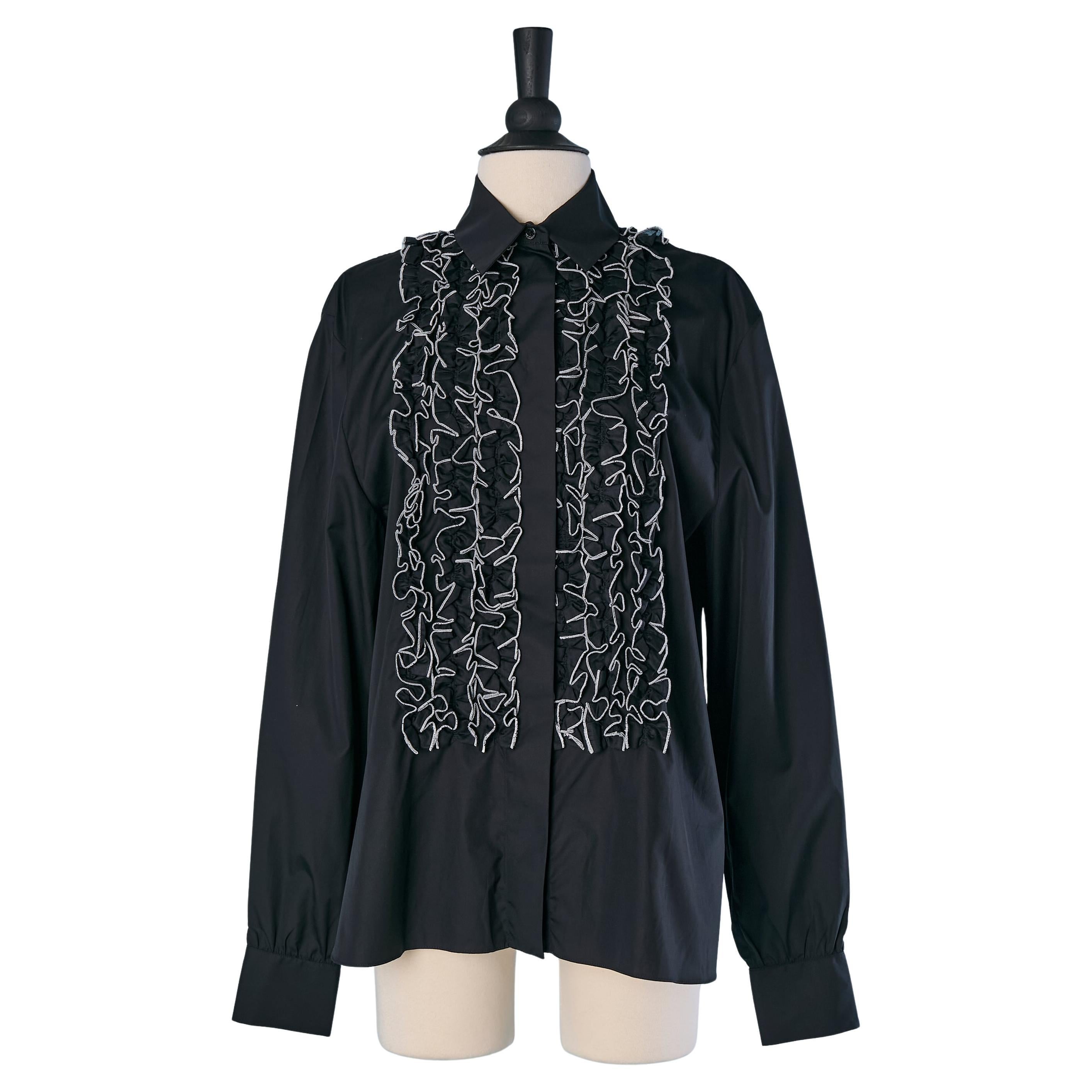Camisa negra de algodón con plastrón de volantes en la parte delantera ALEXANDRE VAUTHIER en venta