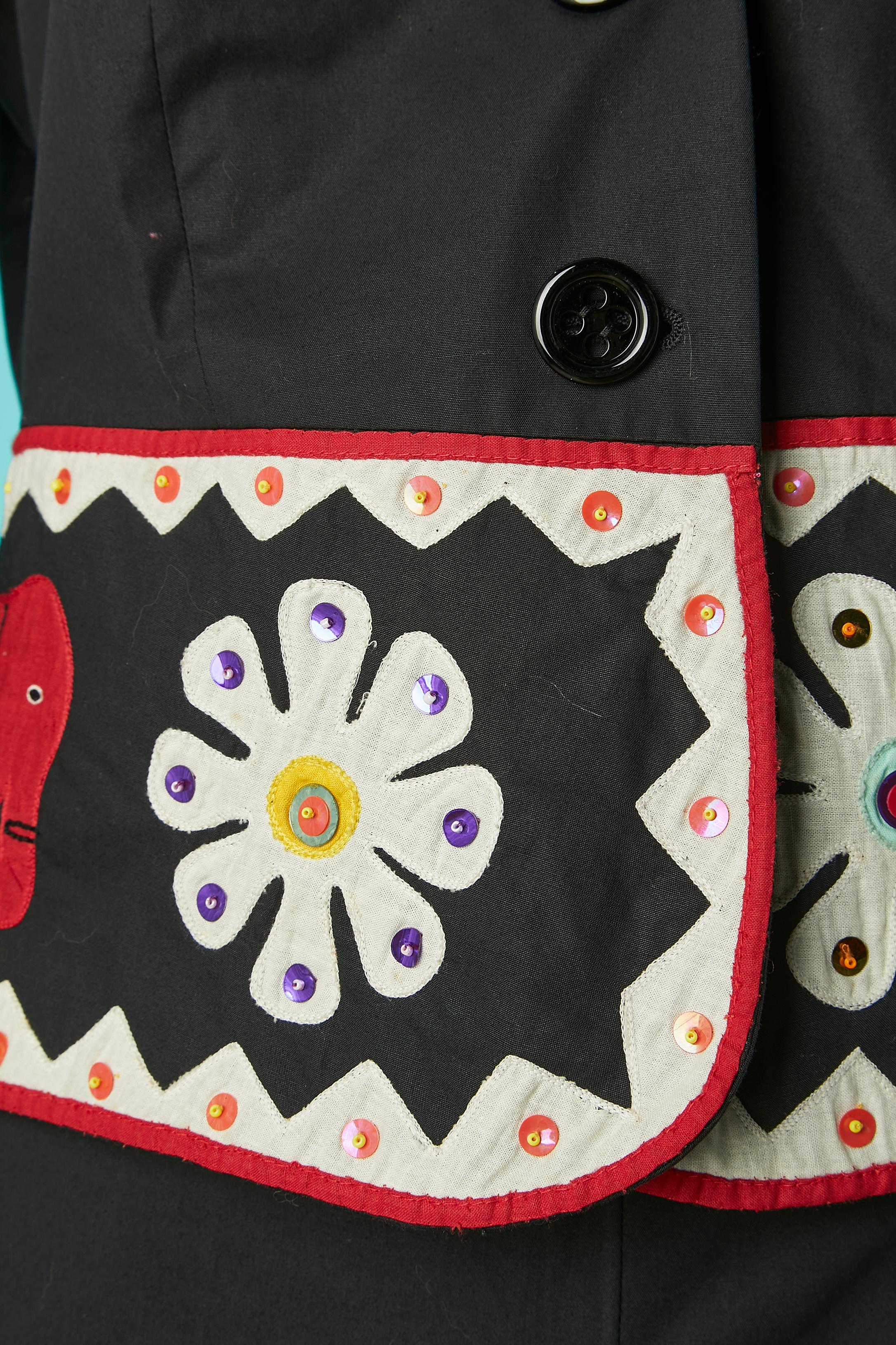 Black cotton skirt suit with fabric and sequins appliqué Moschino Cheap & Chic In Excellent Condition For Sale In Saint-Ouen-Sur-Seine, FR