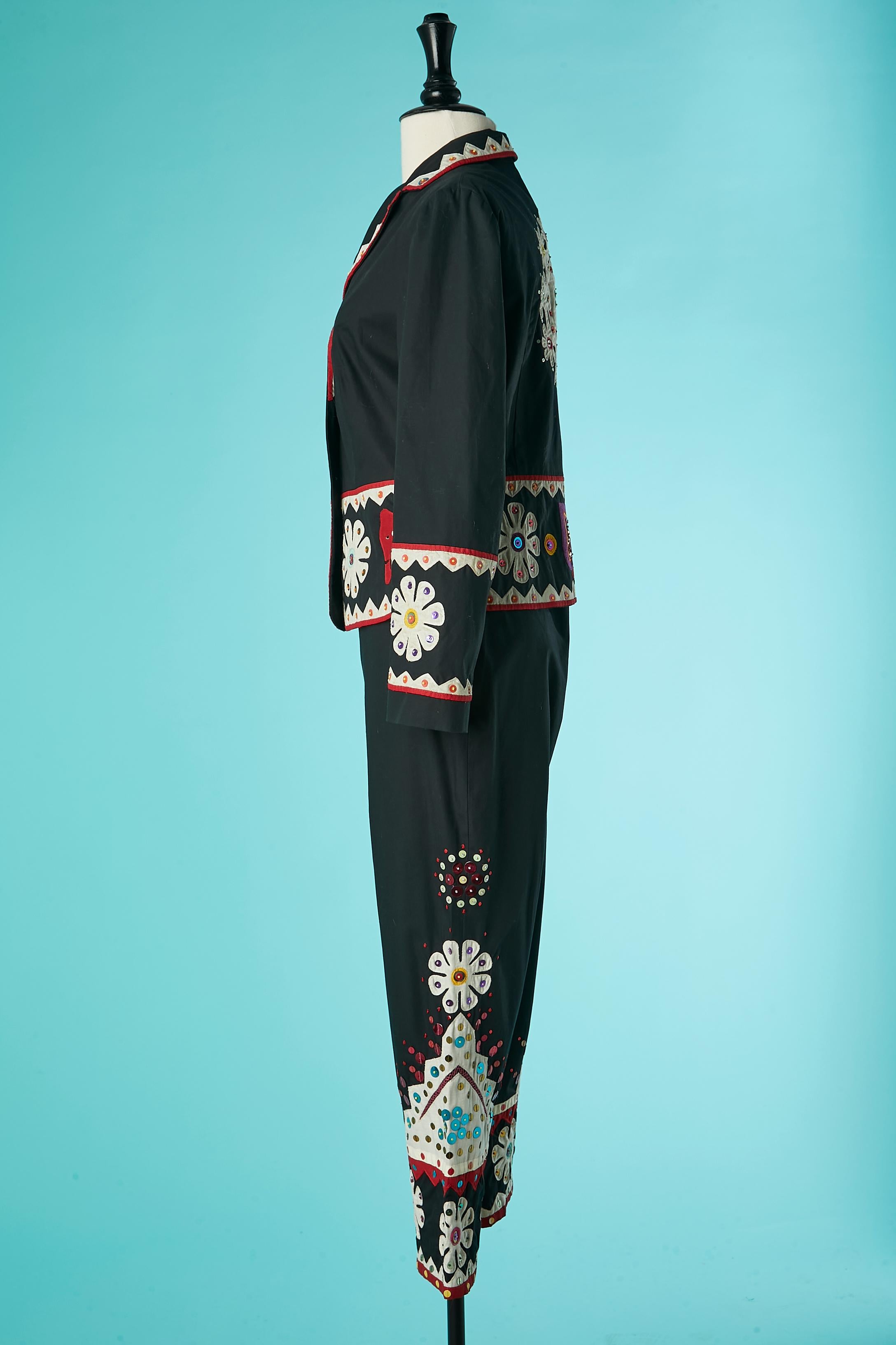 Black cotton skirt suit with fabric and sequins appliqué Moschino Cheap & Chic For Sale 2