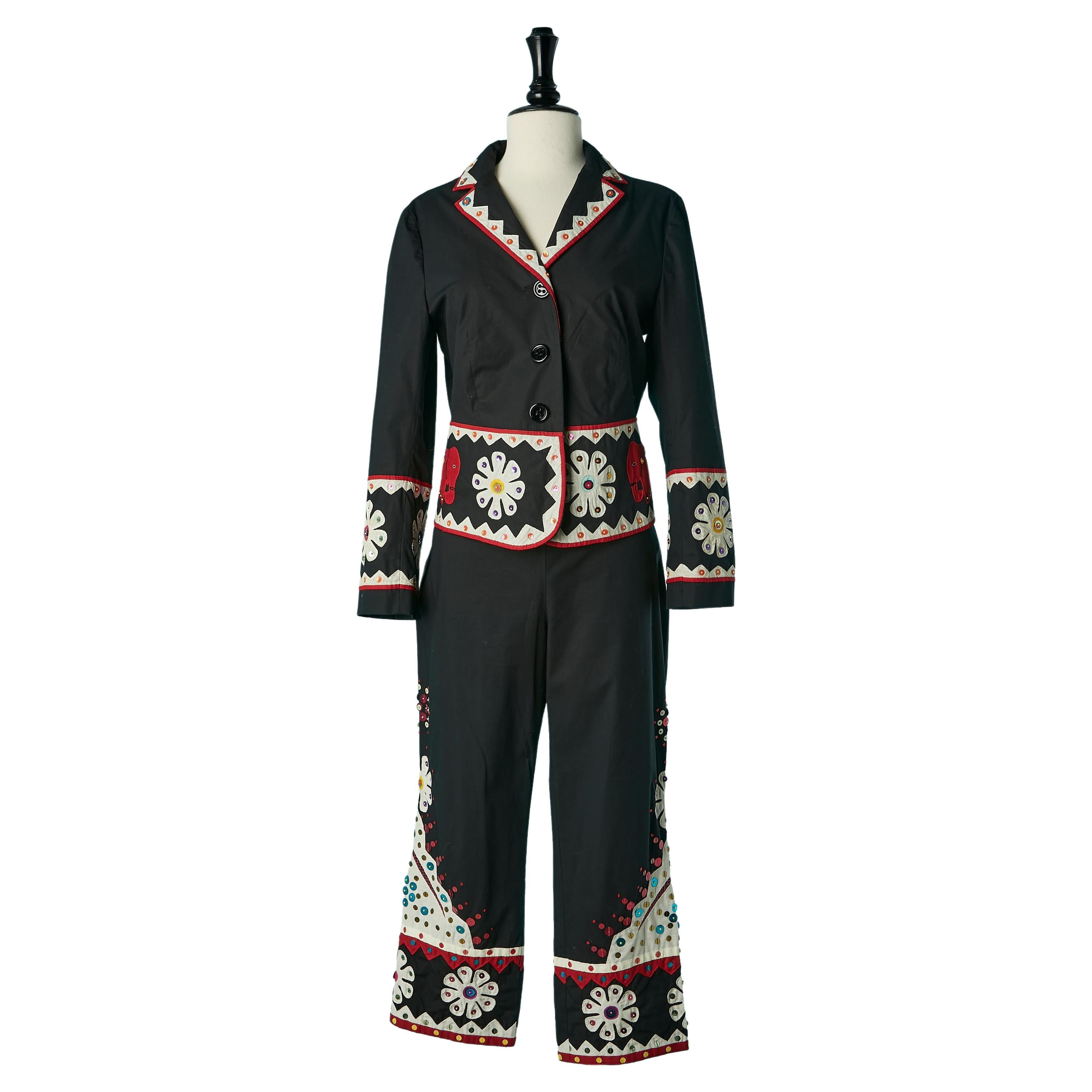 Black cotton skirt suit with fabric and sequins appliqué Moschino Cheap & Chic For Sale
