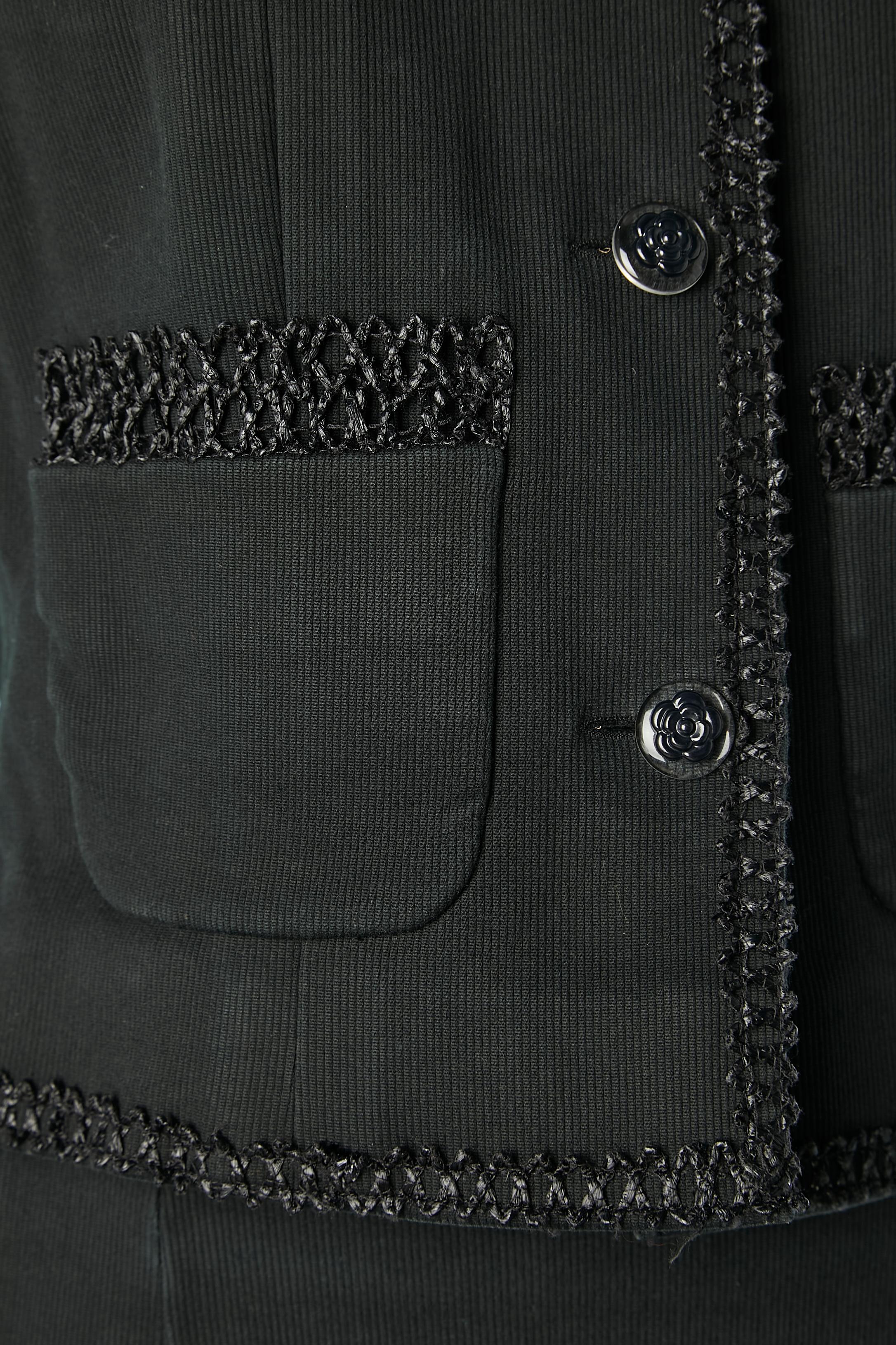 Black cotton skirt-suit with raffia edge and camelia buttons Chanel Boutique  In Excellent Condition For Sale In Saint-Ouen-Sur-Seine, FR