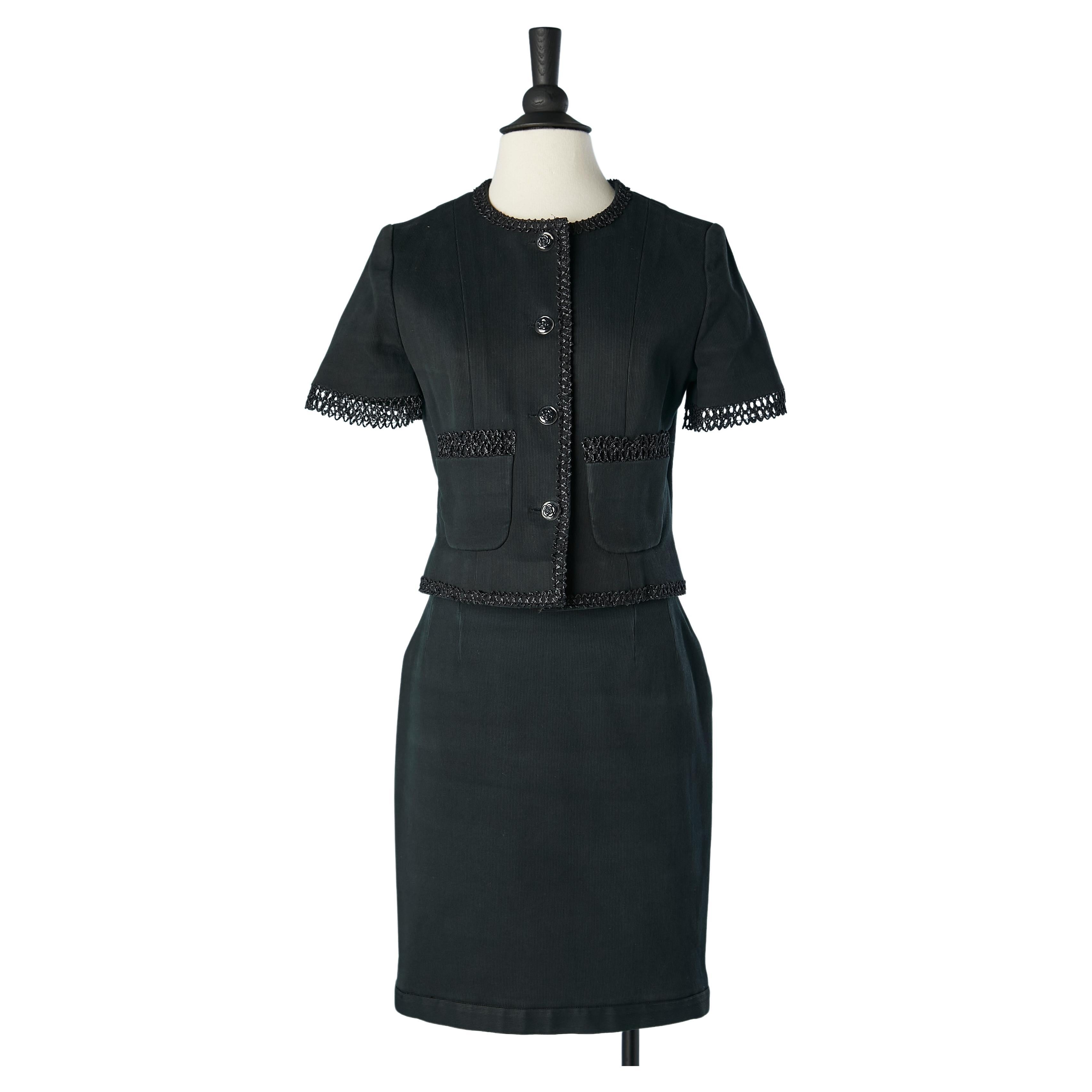 Black cotton skirt-suit with raffia edge and camelia buttons Chanel Boutique  For Sale