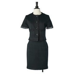 Retro Black cotton skirt-suit with raffia edge and camelia buttons Chanel Boutique 