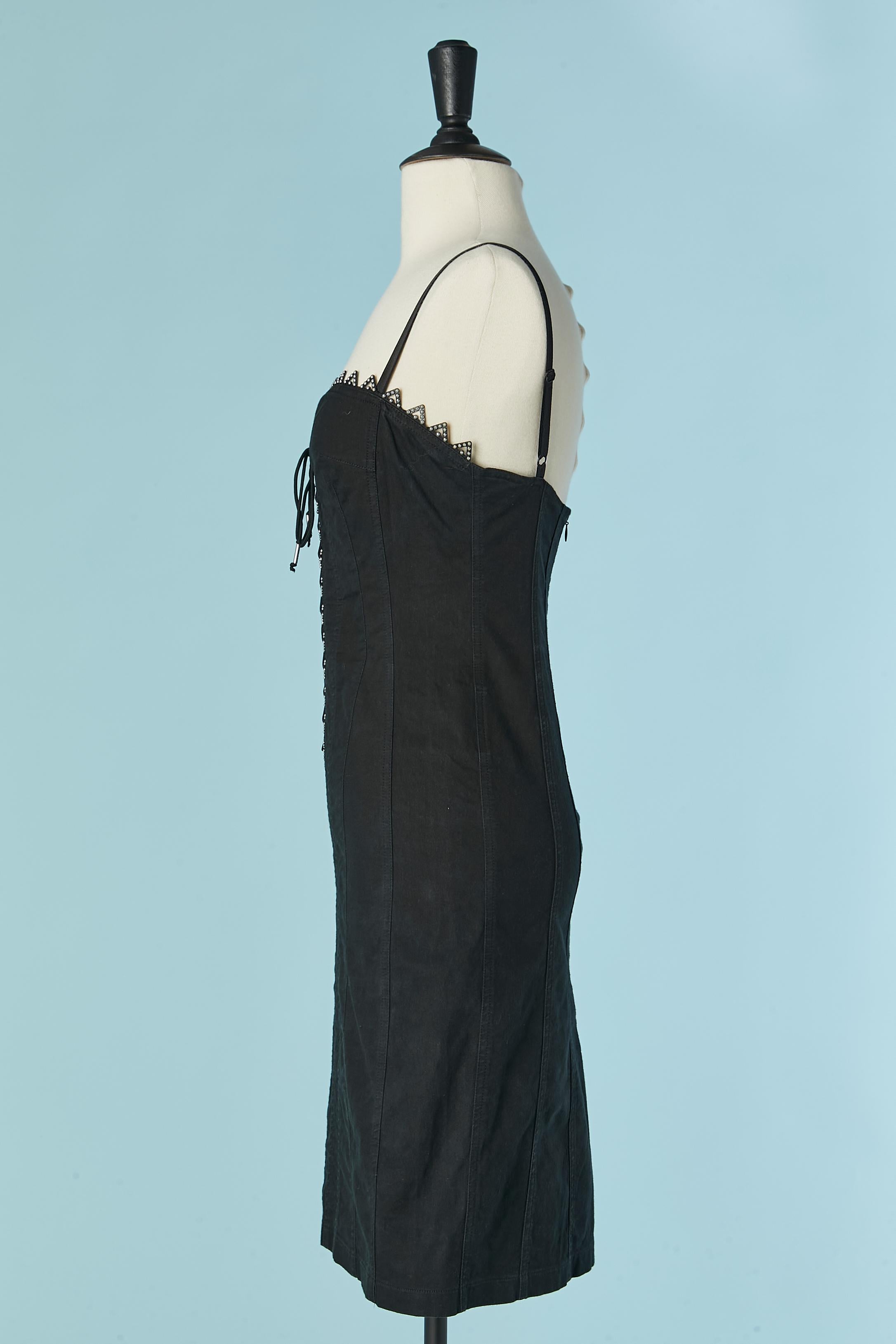 Vestido negro de algodón con tachuelas plateadas  y cordones Roccobarocco Jeans en Excelente estado para la venta en Saint-Ouen-Sur-Seine, FR