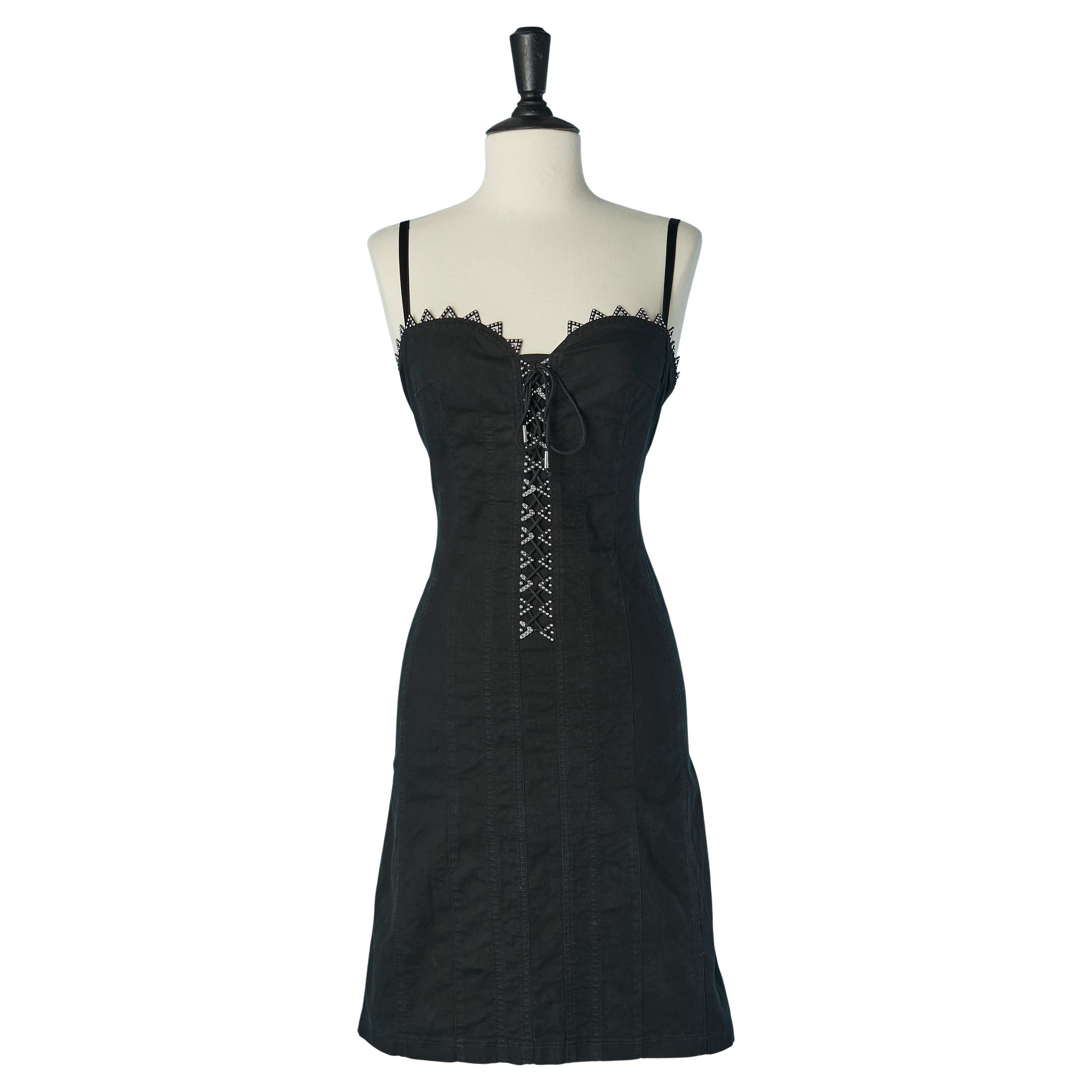Vestido negro de algodón con tachuelas plateadas  y cordones Roccobarocco Jeans en venta