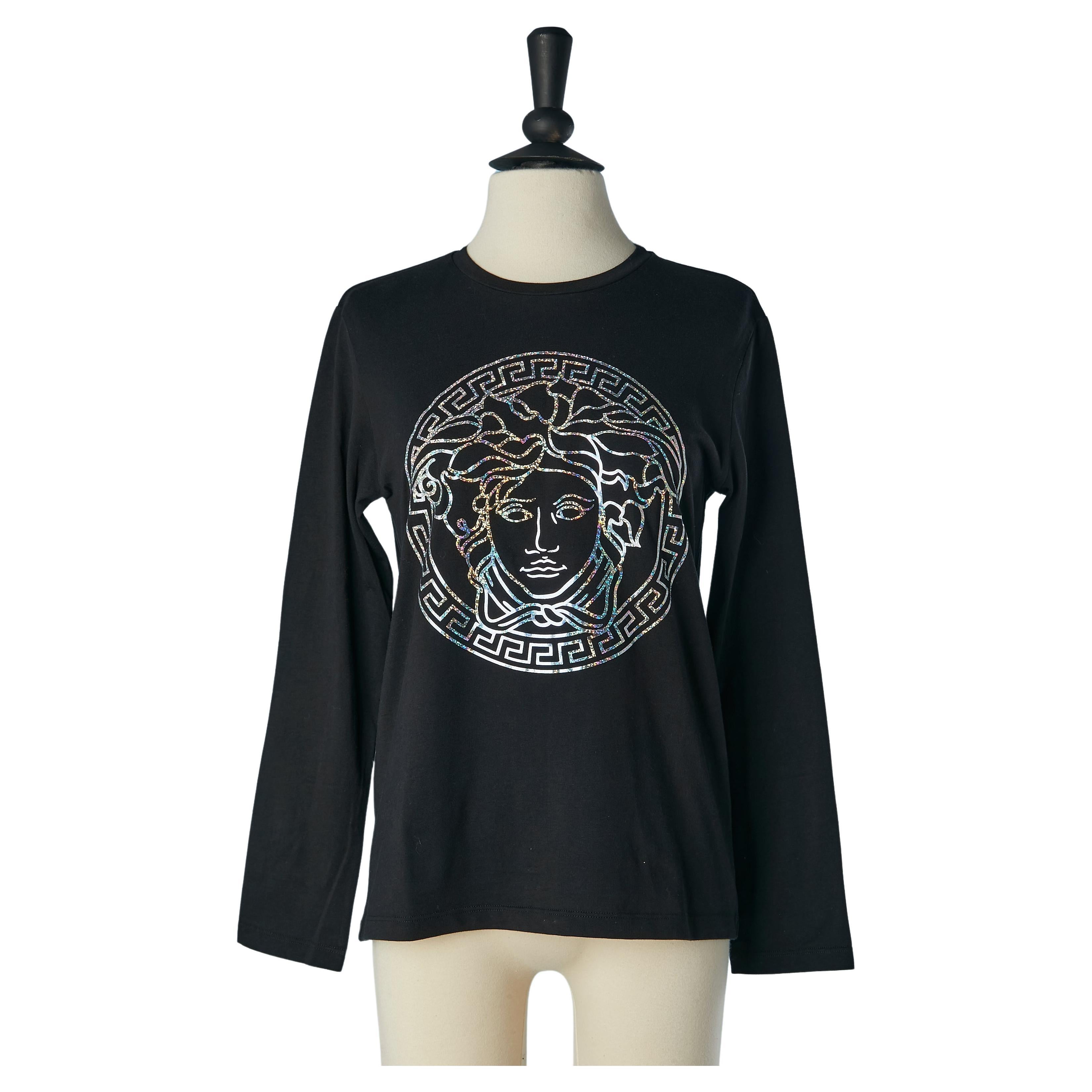 Tee-shirt en coton noir avec motif Medusa Versace  en vente