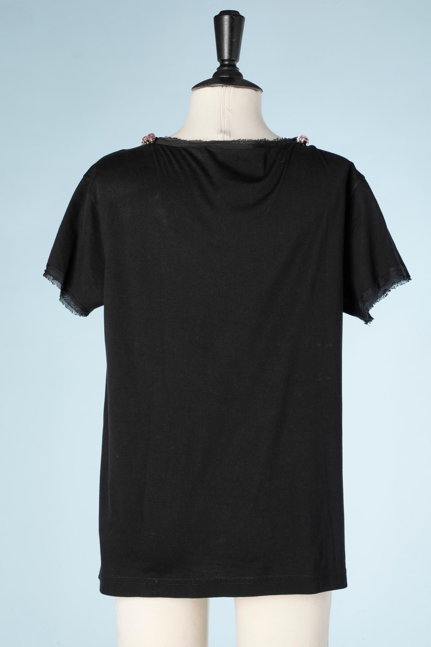 Women's Black cotton tee-shirt with pink rhinestone neckline Dole & Gabbana For Sale
