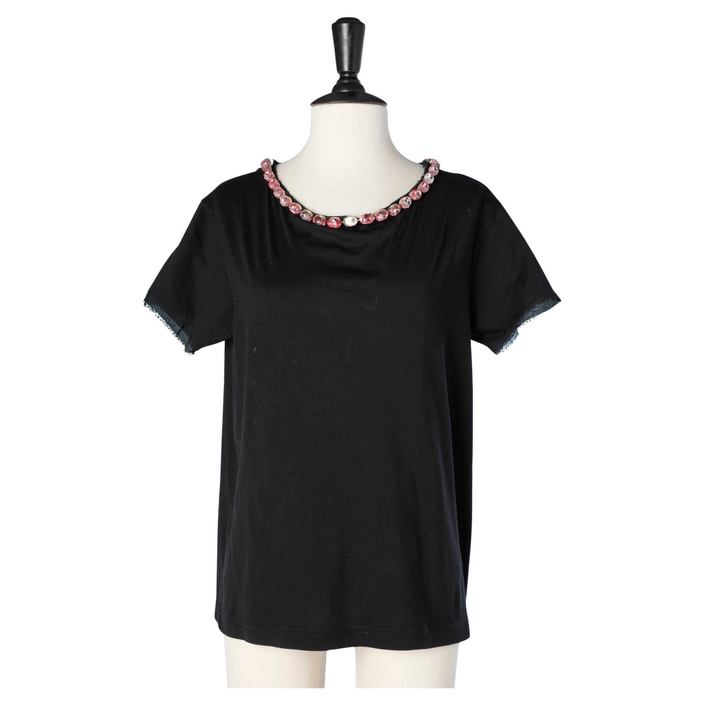 Black cotton tee-shirt with pink rhinestone neckline Dole & Gabbana For Sale