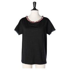 Black cotton tee-shirt with pink rhinestone neckline Dole & Gabbana