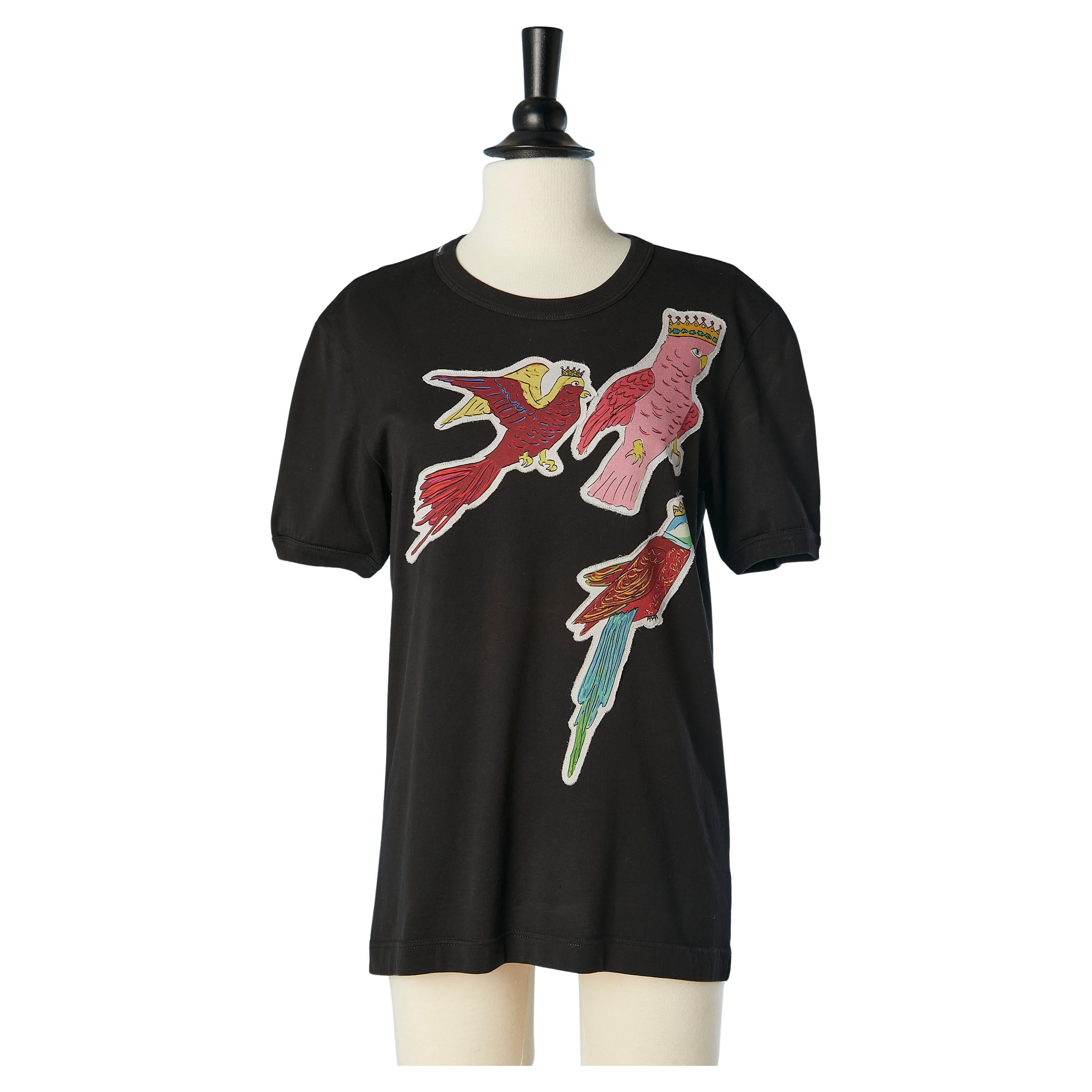 Camiseta negra de algodón con aplique de pájaro estampado Dolce & Gabbana en venta