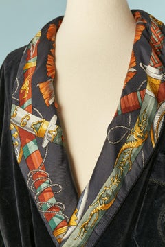 Black cotton Terry cloth Robe with printed Twill silk collar HERMES