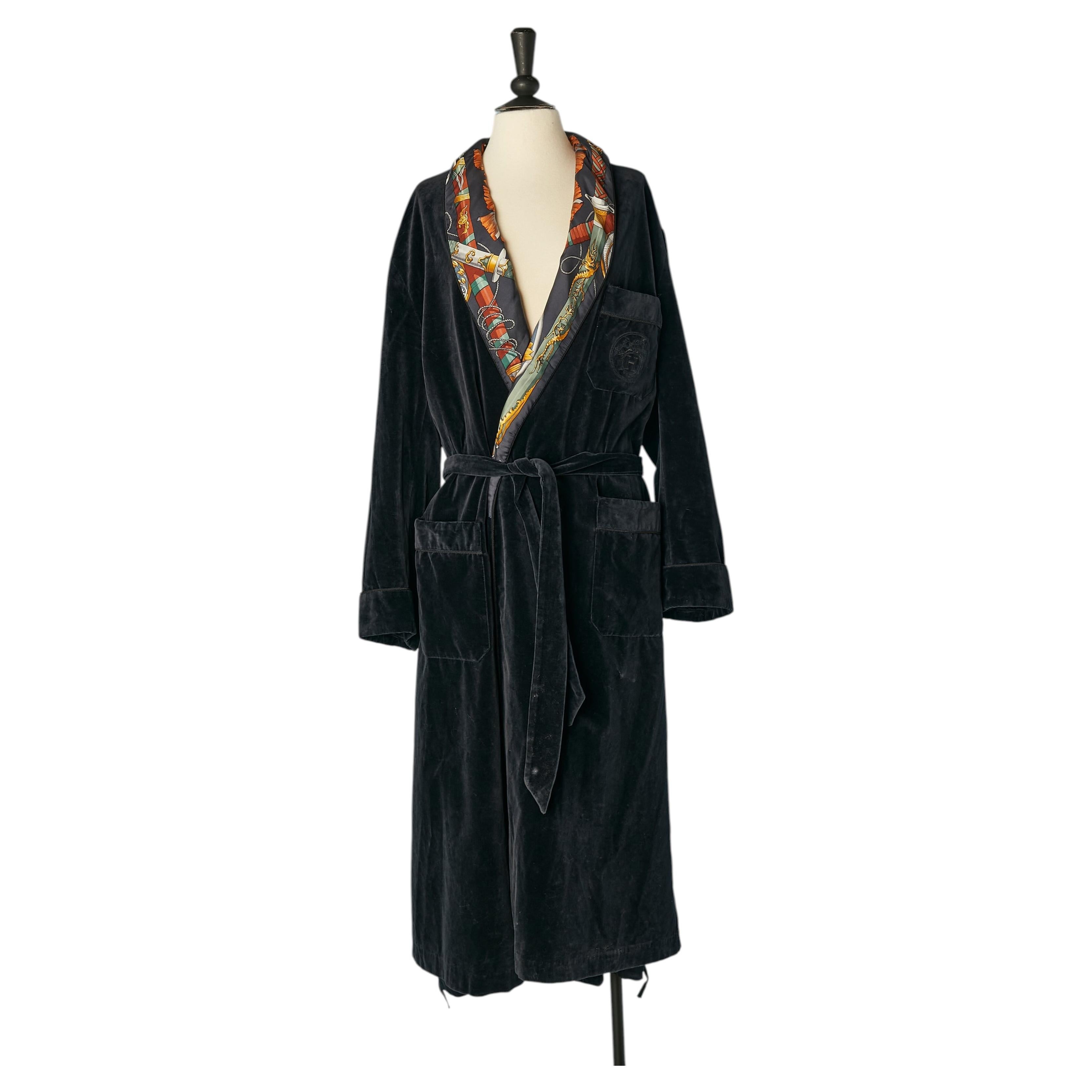Black cotton Terry cloth Robe with printed Twill silk collar HERMES For Sale