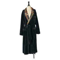 Black cotton Terry cloth Robe with printed Twill silk collar HERMES