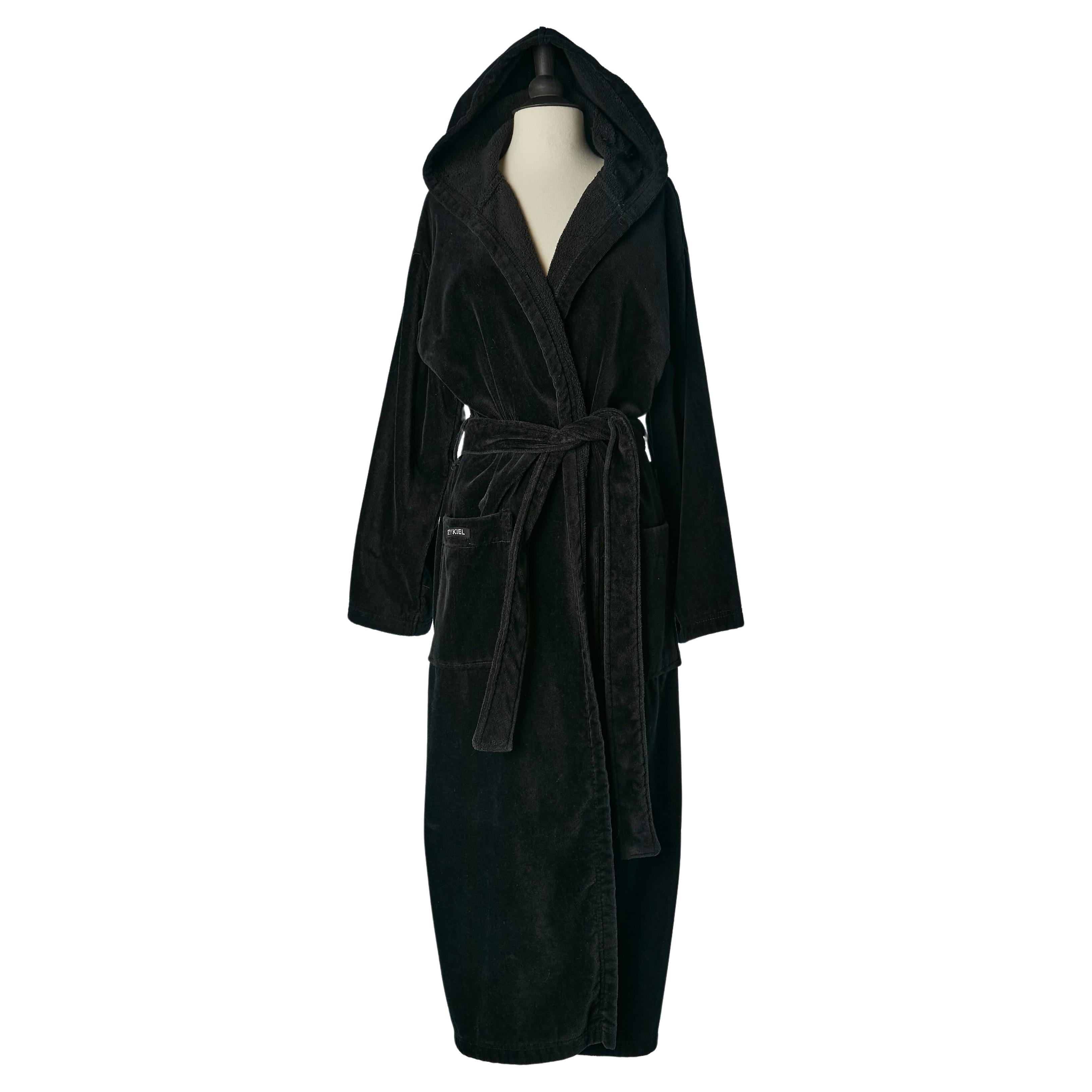 Black cotton velvet robe with hood, pockets and belt Sonia Rykiel  For Sale