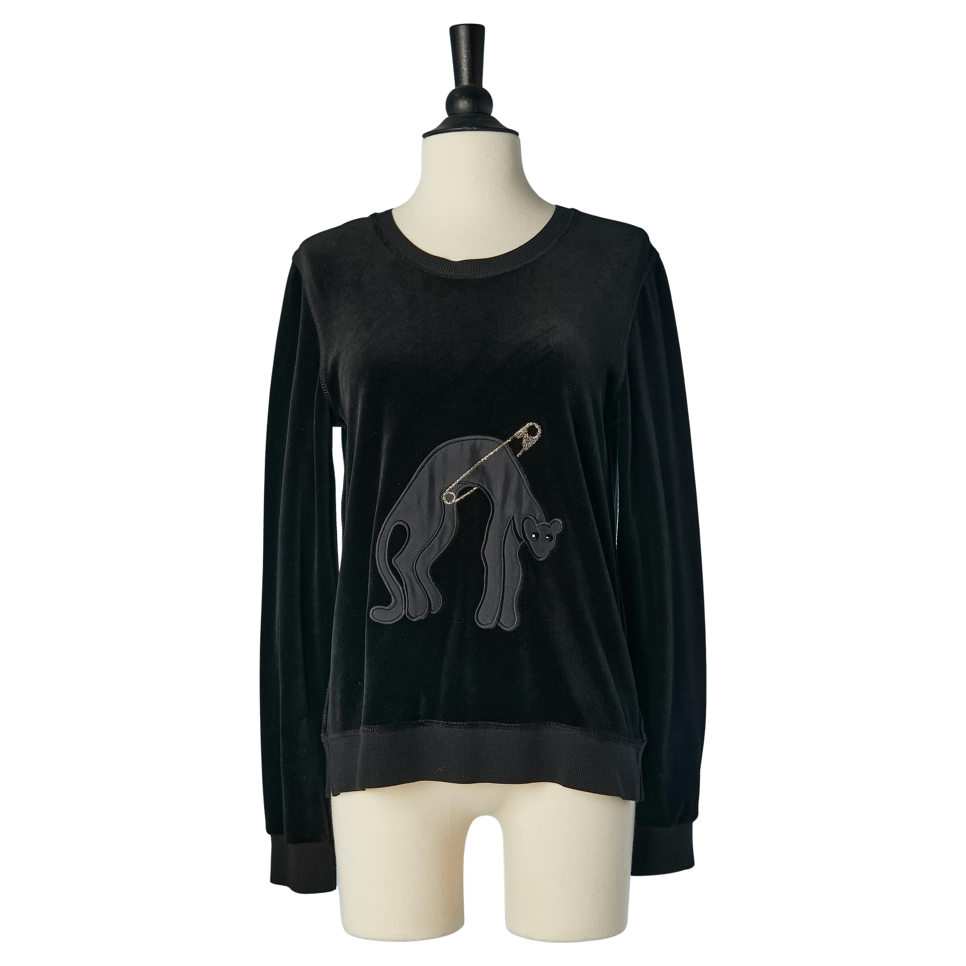 Black cotton velvet sweat-shirt with jaguar appliqué Sonia Rykiel For Sale