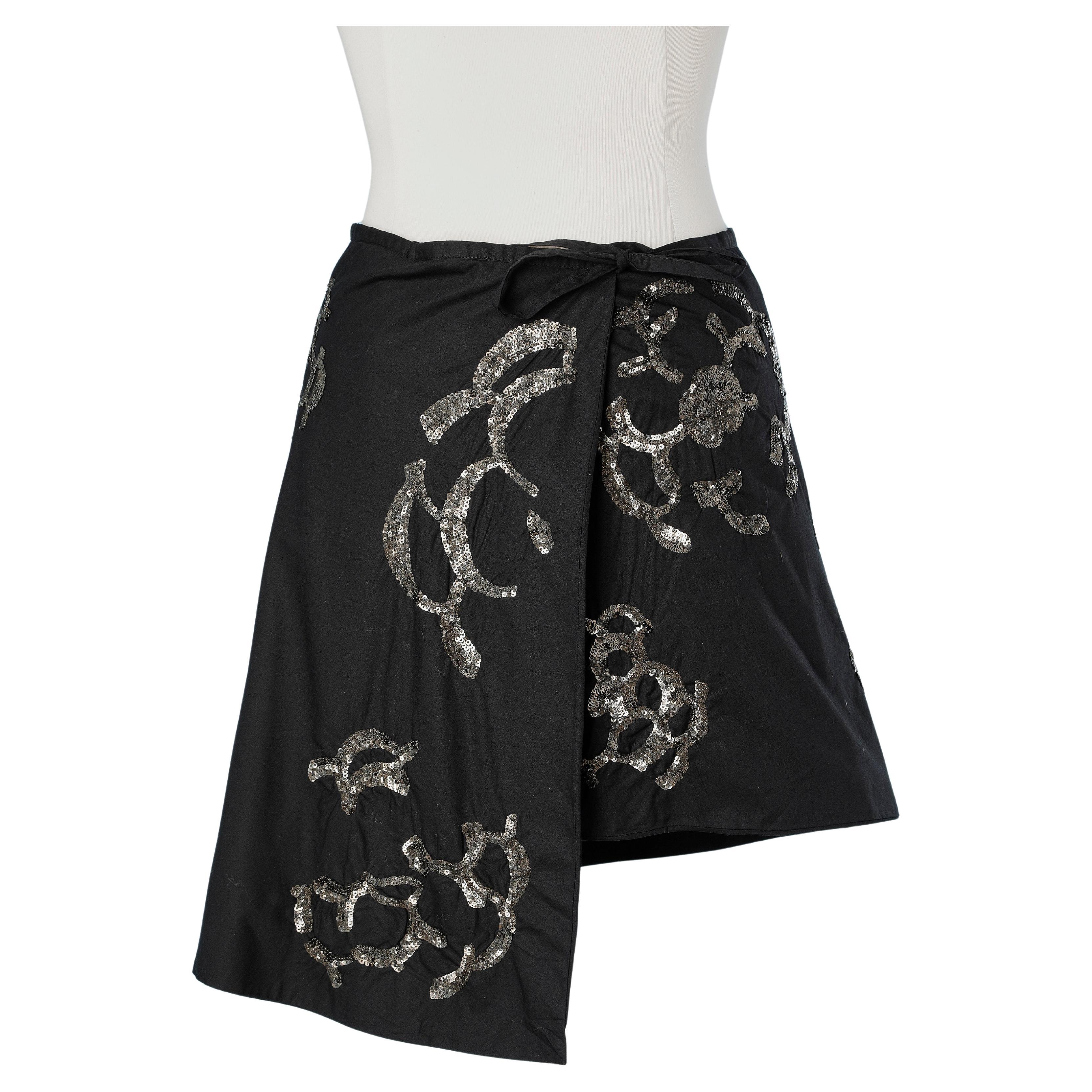 Black cotton wrap skirt with sequin embroideries PEACHOO + KREJBERG (New) For Sale