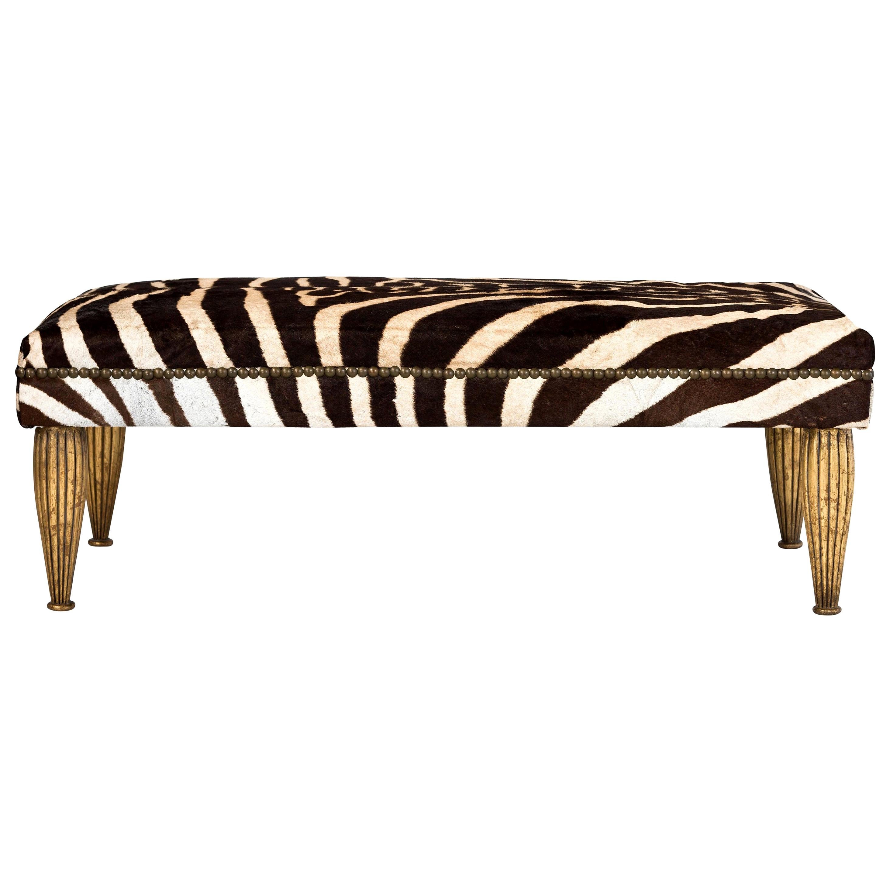 Modern Black Cowhide Bench with Gold Gilt Legs For Sale