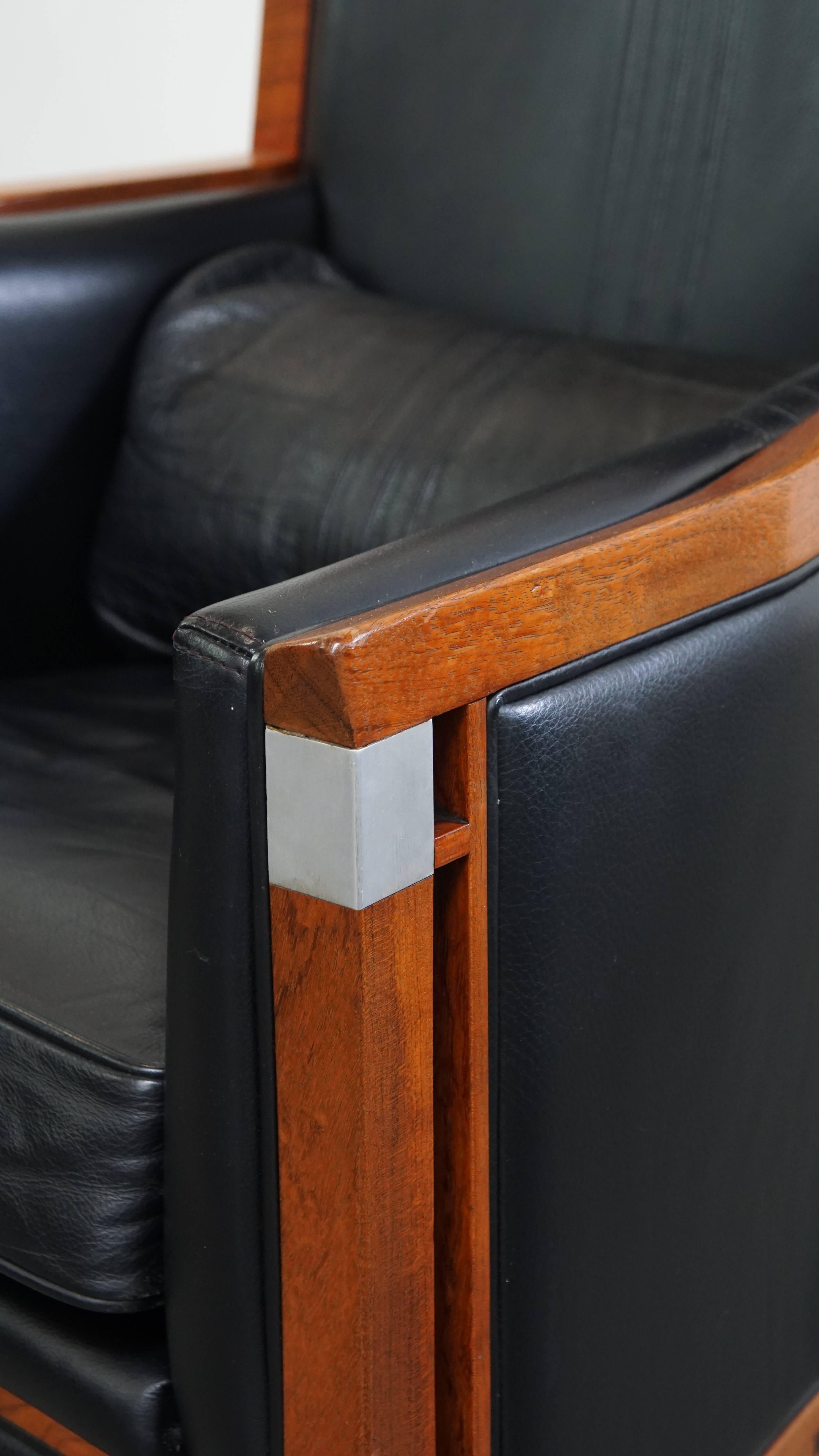 Black Cowhide Leather and Wooden Art Deco Armchair For Sale 5