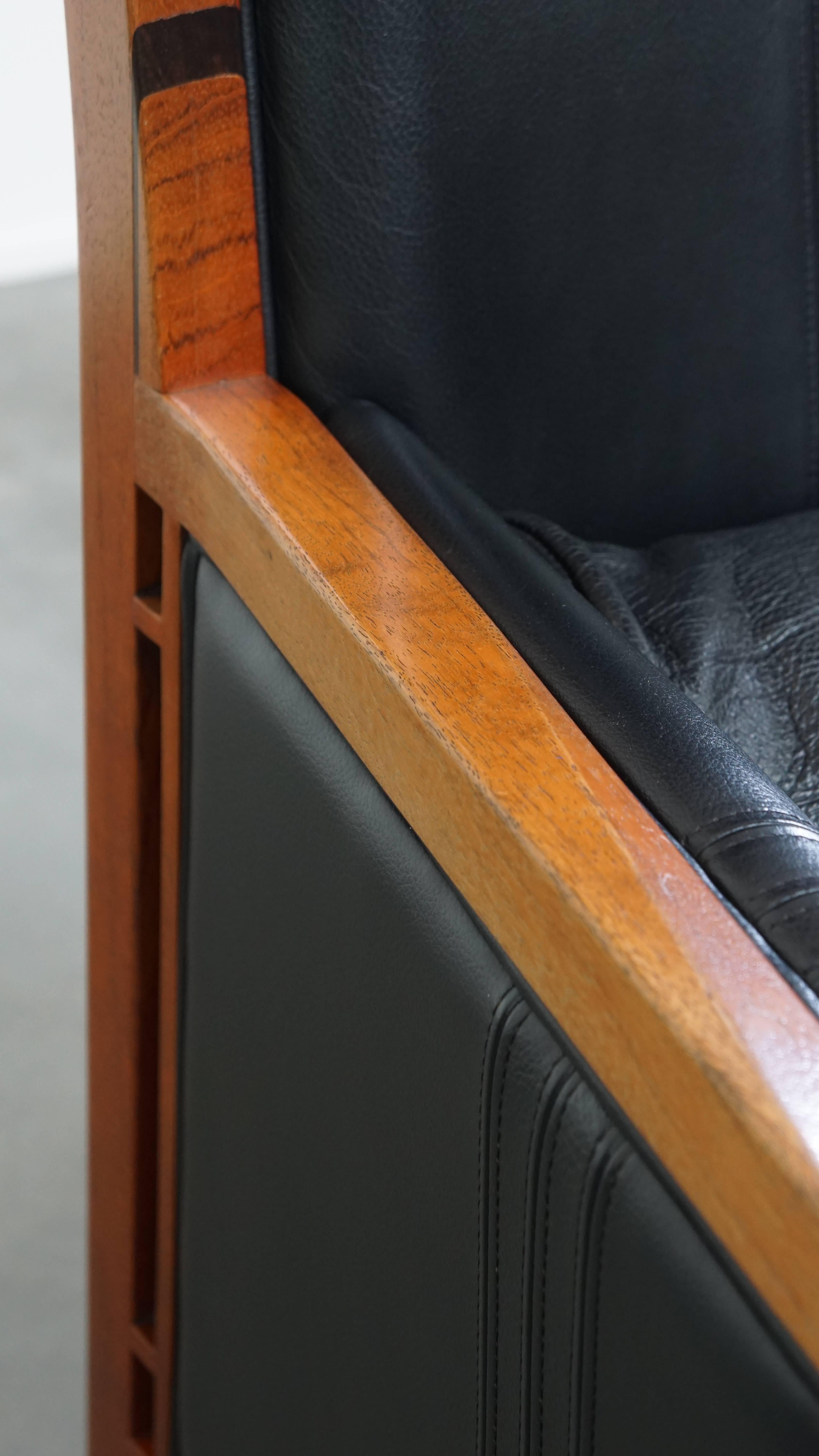 Black Cowhide Leather and Wooden Art Deco Armchair For Sale 10