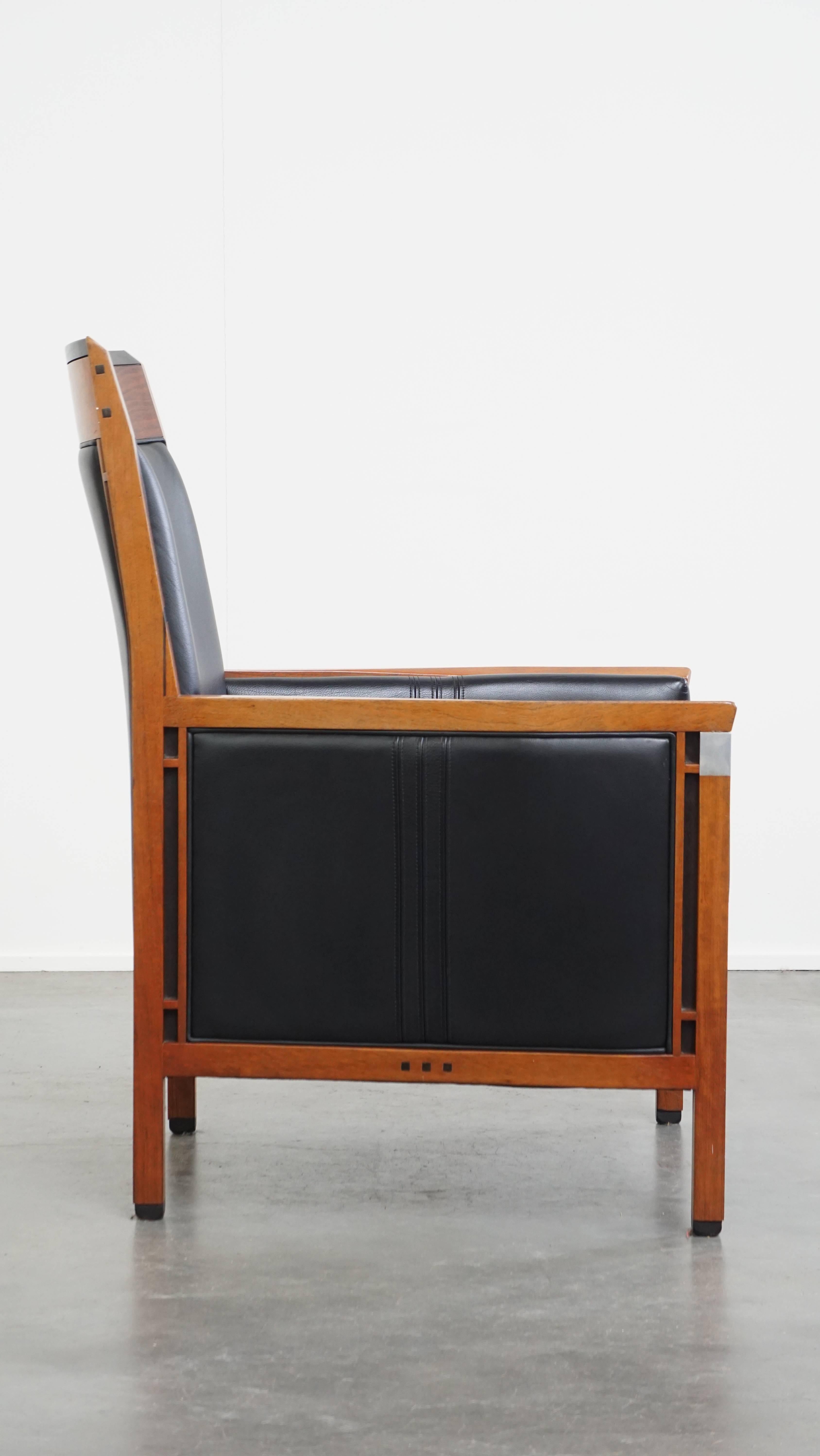 Hand-Crafted Black Cowhide Leather and Wooden Art Deco Armchair For Sale