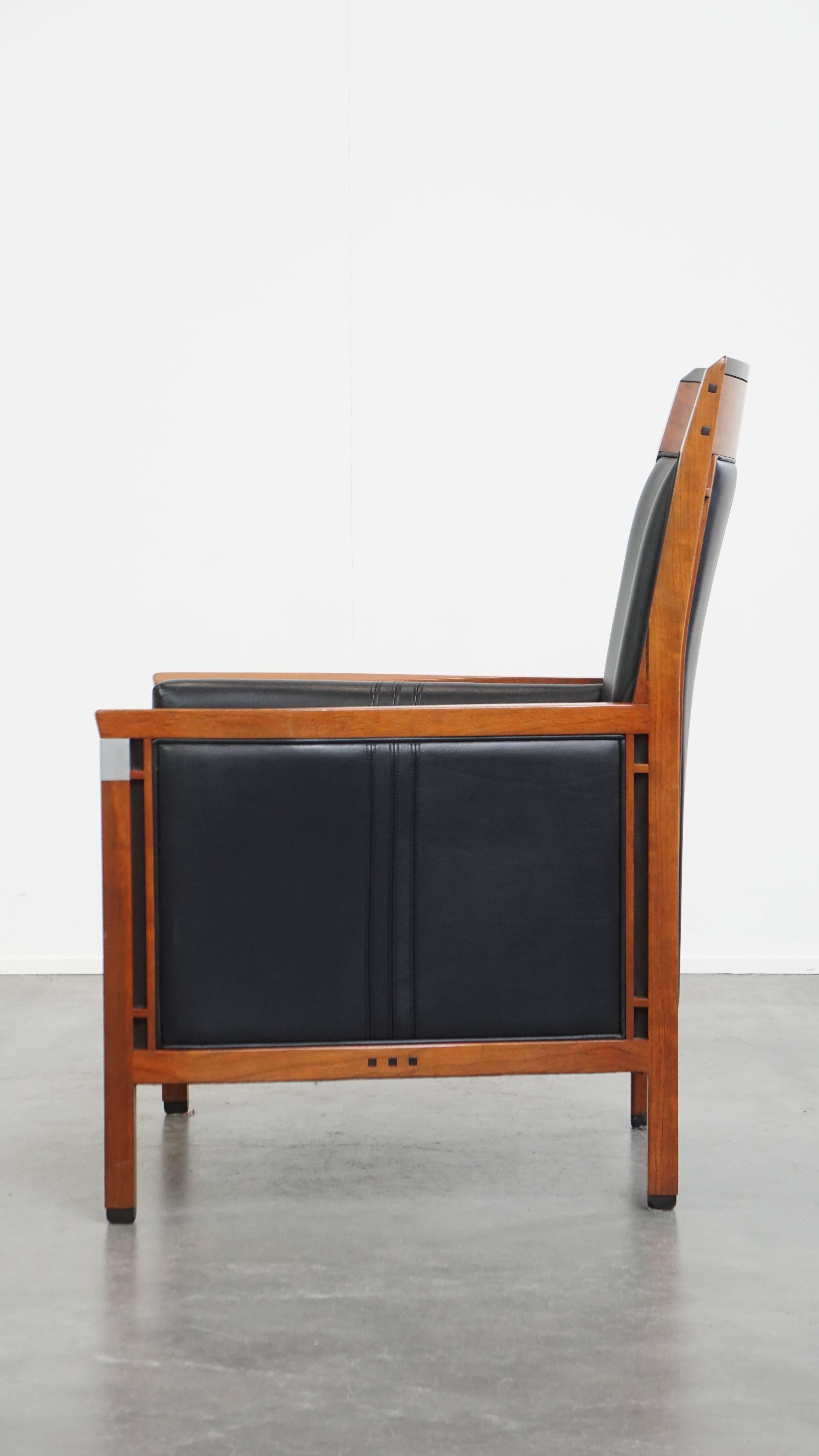 Contemporary Black Cowhide Leather and Wooden Art Deco Armchair For Sale