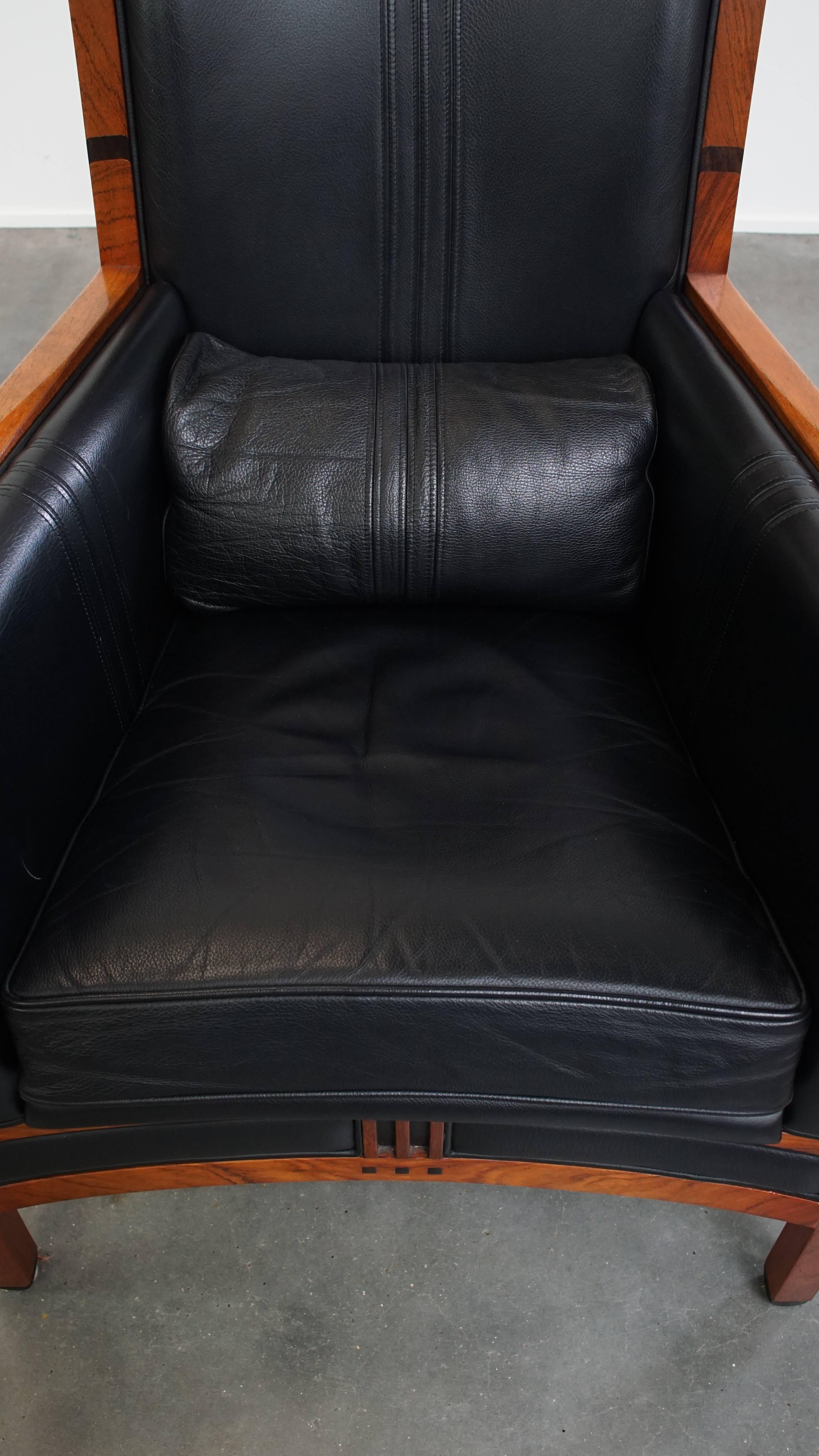 Black Cowhide Leather and Wooden Art Deco Armchair For Sale 1
