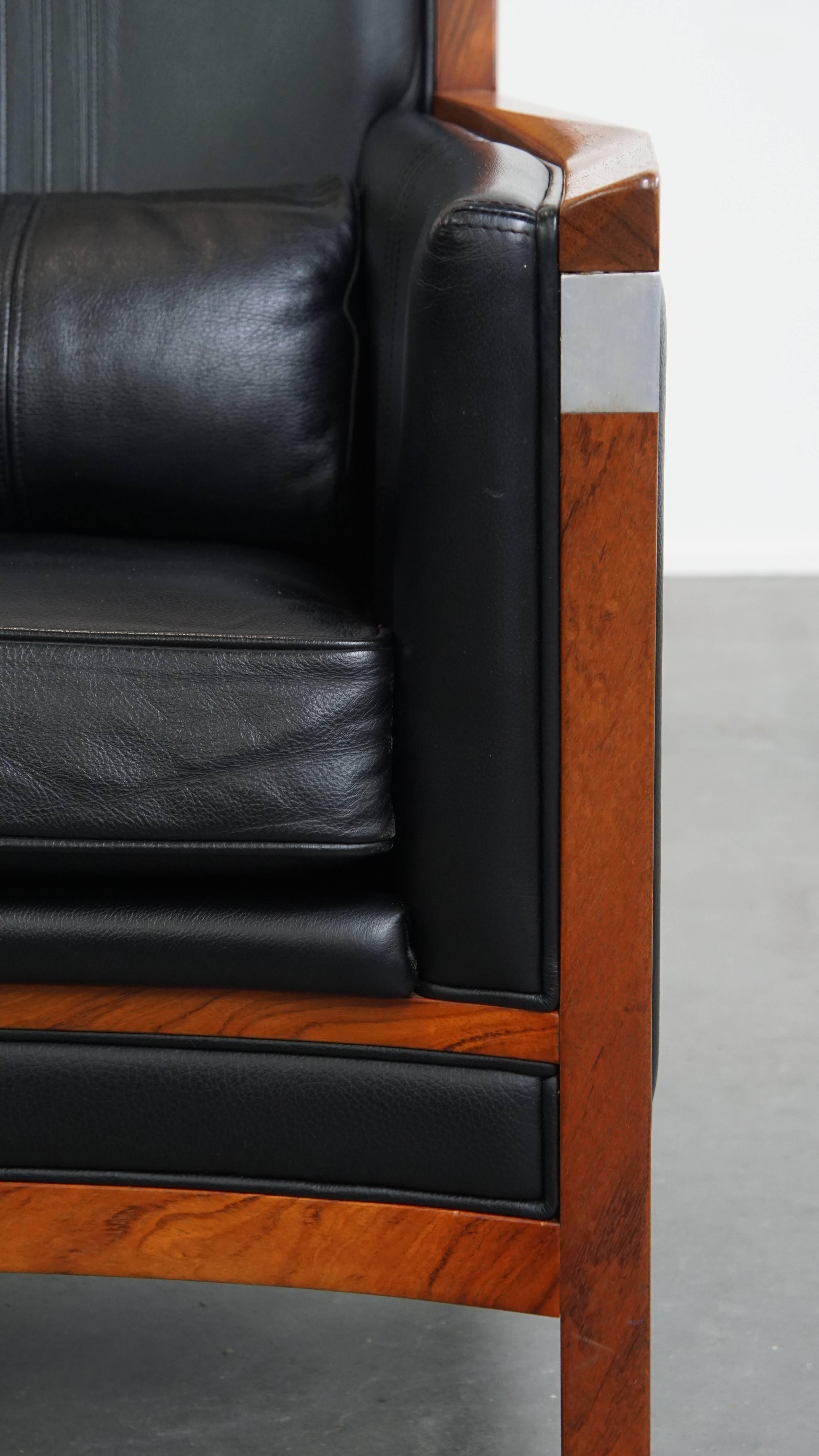 Black Cowhide Leather and Wooden Art Deco Armchair For Sale 4