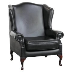 Black cowhide leather Chesterfield wingback chair in English style
