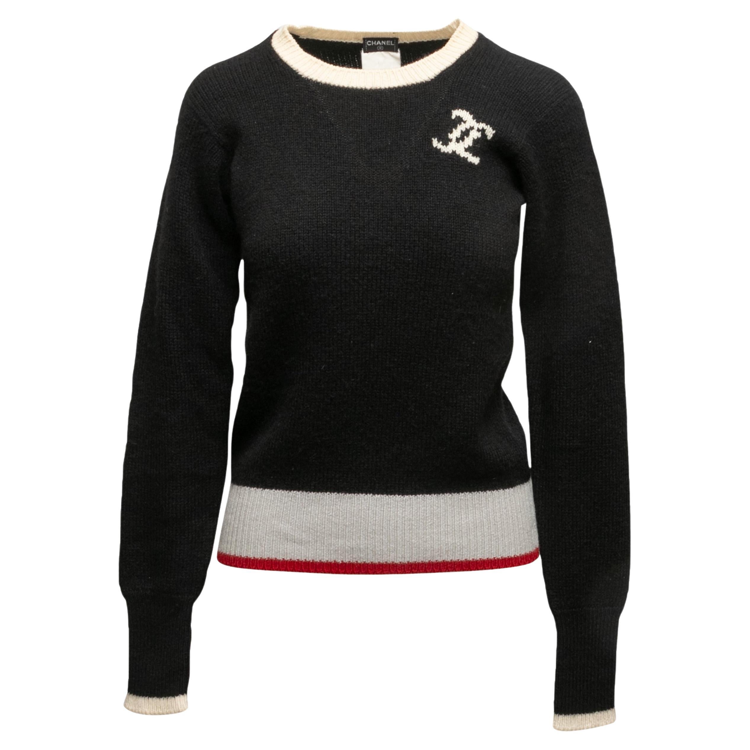 Pull Chanel Intarsia CC en cachemire noir et crème Taille FR 40 en vente