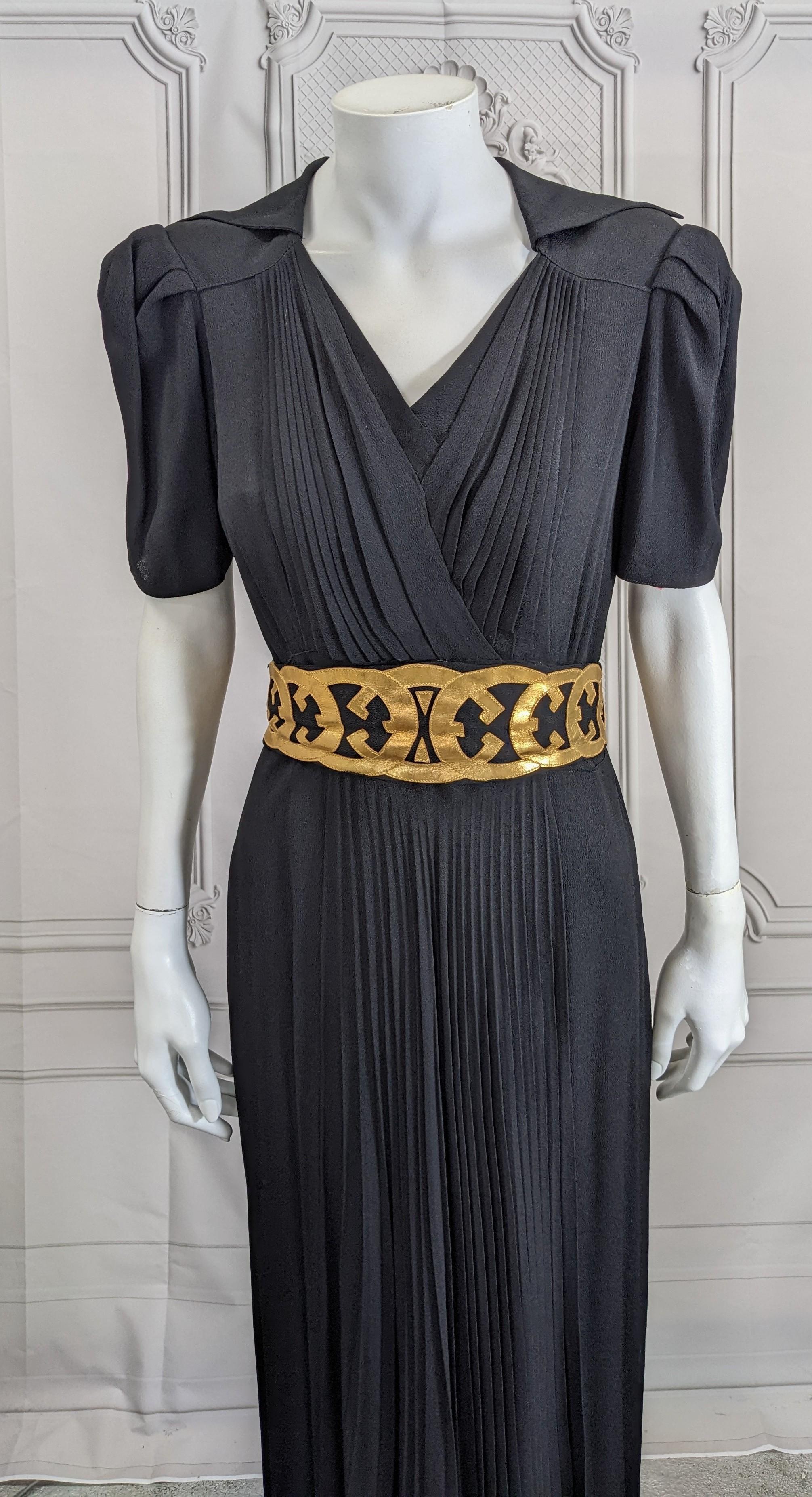 Black Crepe and Gold Kid Leather Deco Gown In Good Condition For Sale In New York, NY
