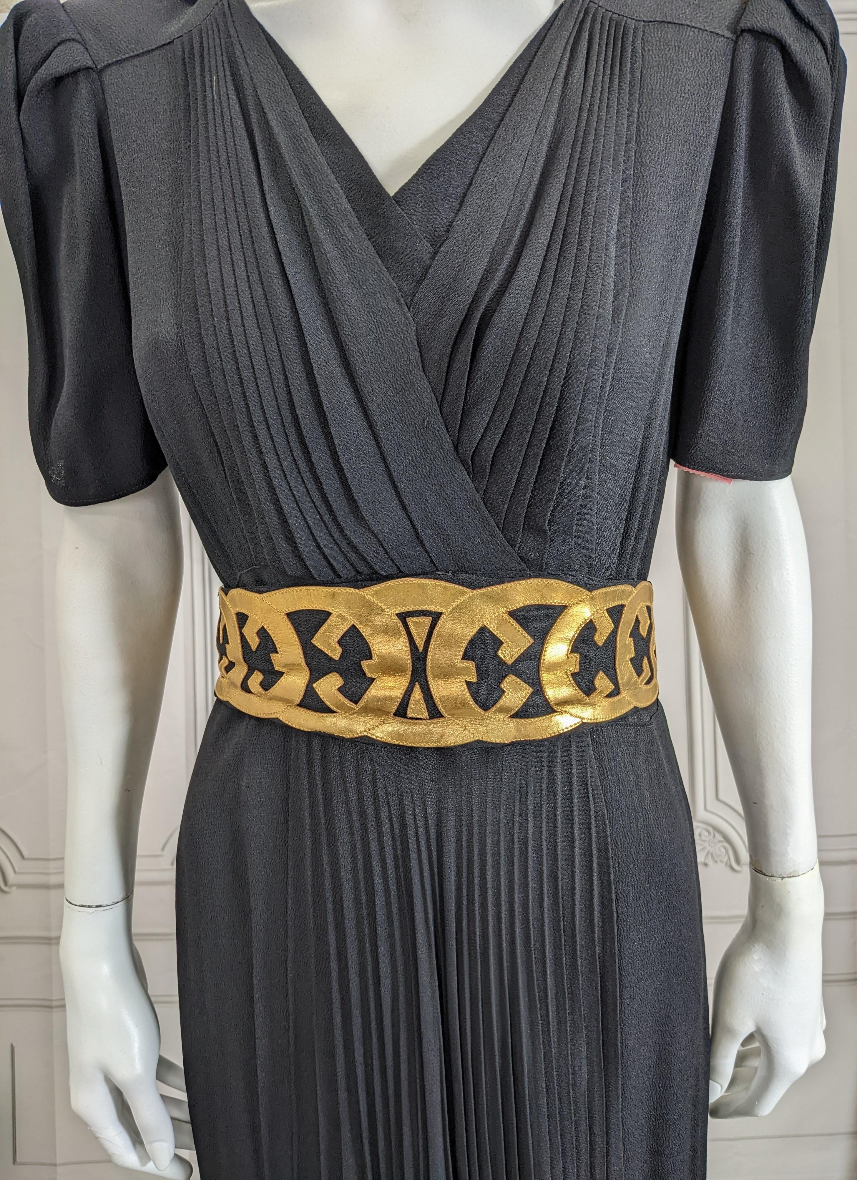 Women's Black Crepe and Gold Kid Leather Deco Gown For Sale