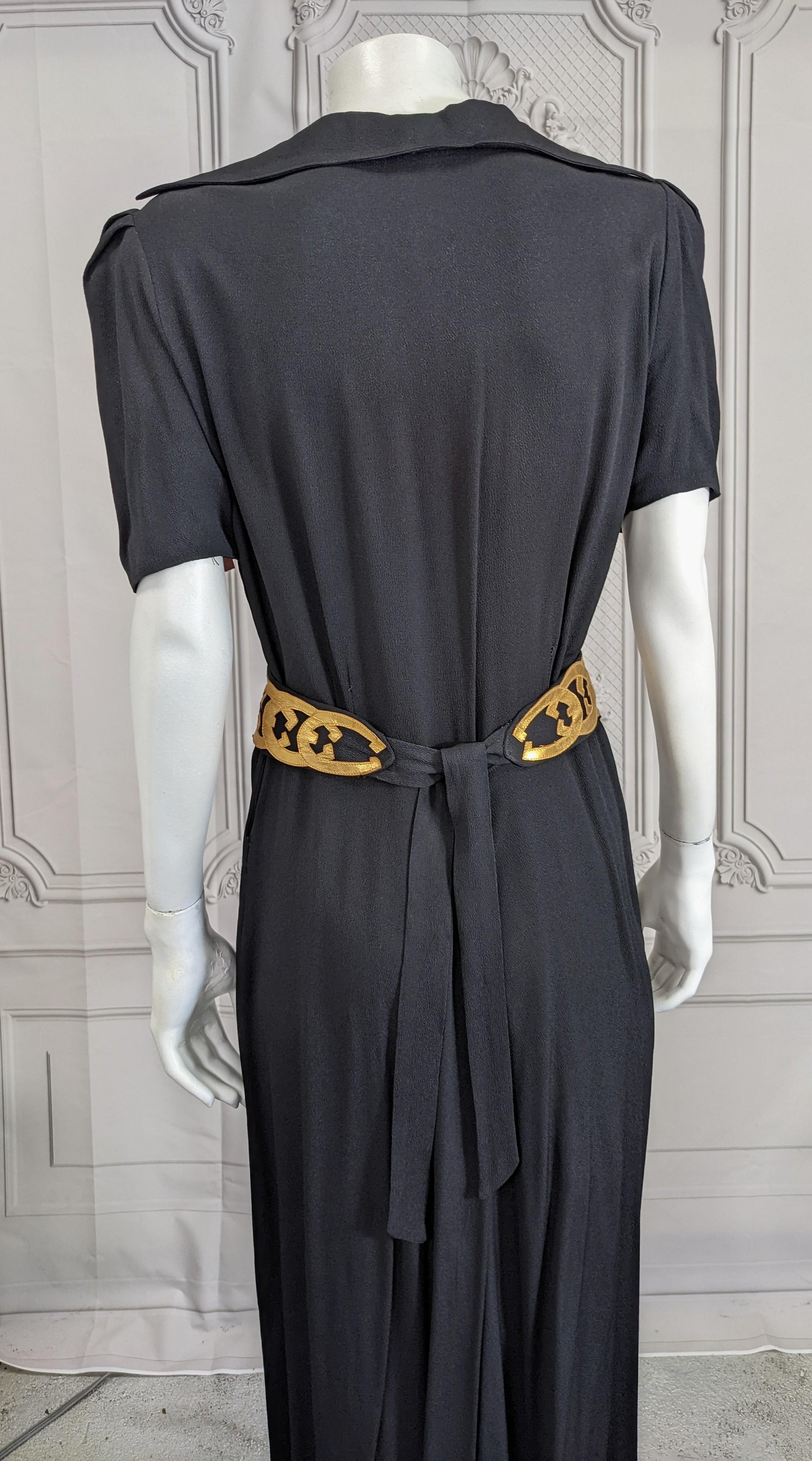Black Crepe and Gold Kid Leather Deco Gown For Sale 1