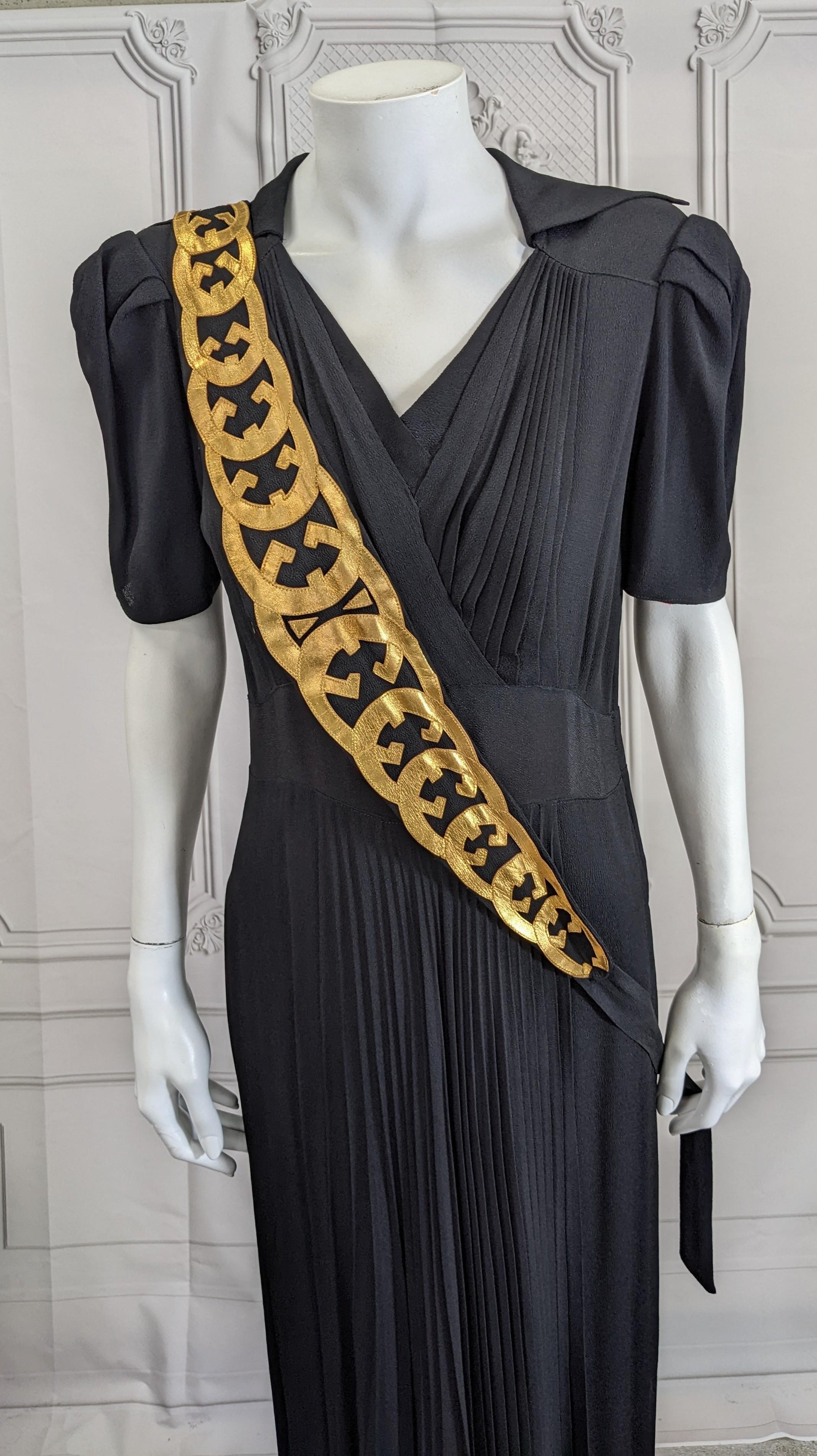 Black Crepe and Gold Kid Leather Deco Gown For Sale 2