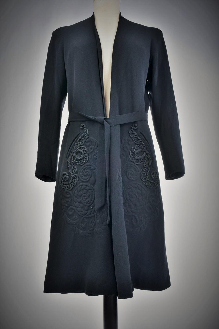 Women's A Black Crepe Couture Coat by Jean Dessès - France Circa 1945-1949 For Sale