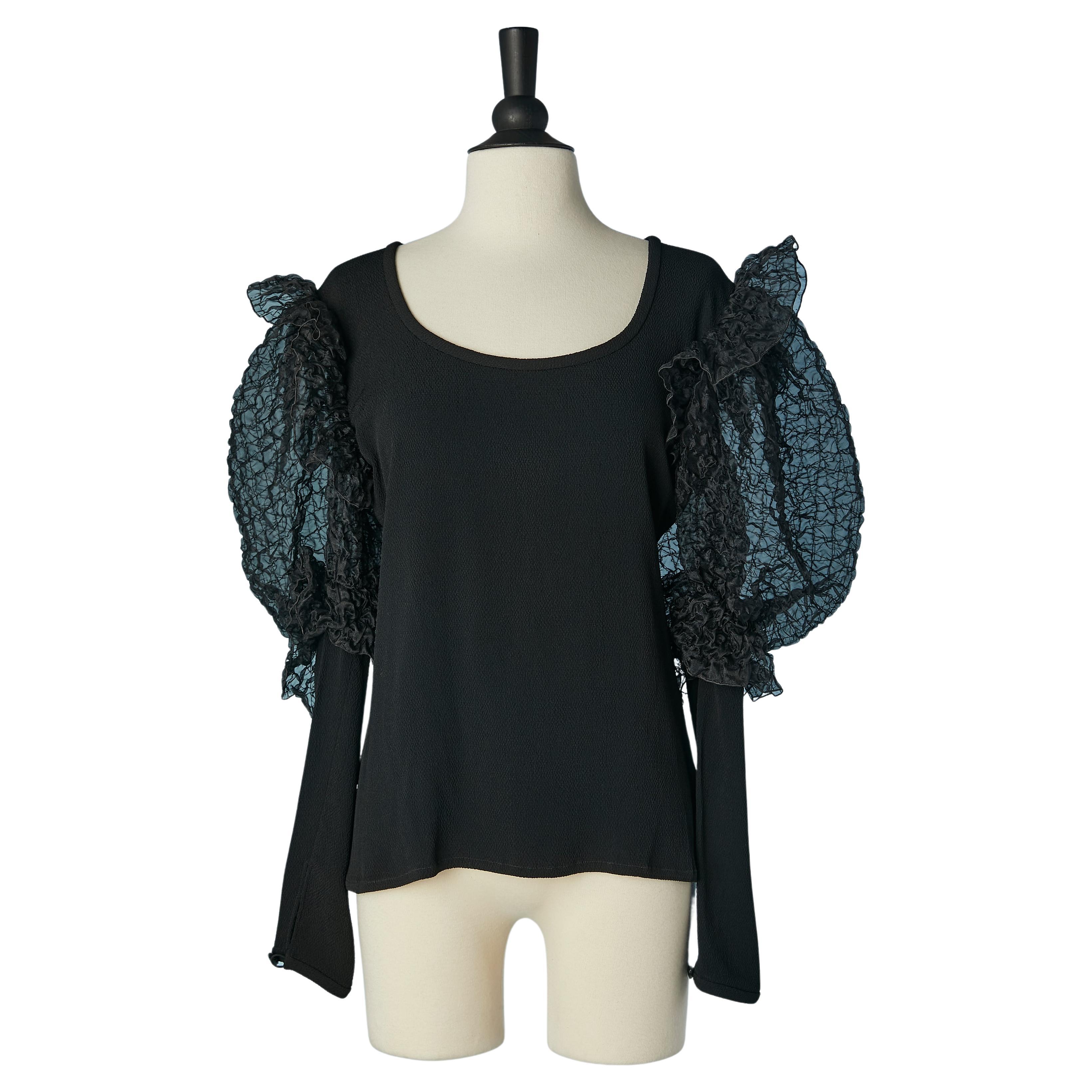 Black crêpe blouse with ballon sleeves Saint Laurent Rive Gauche FW 1988 For Sale