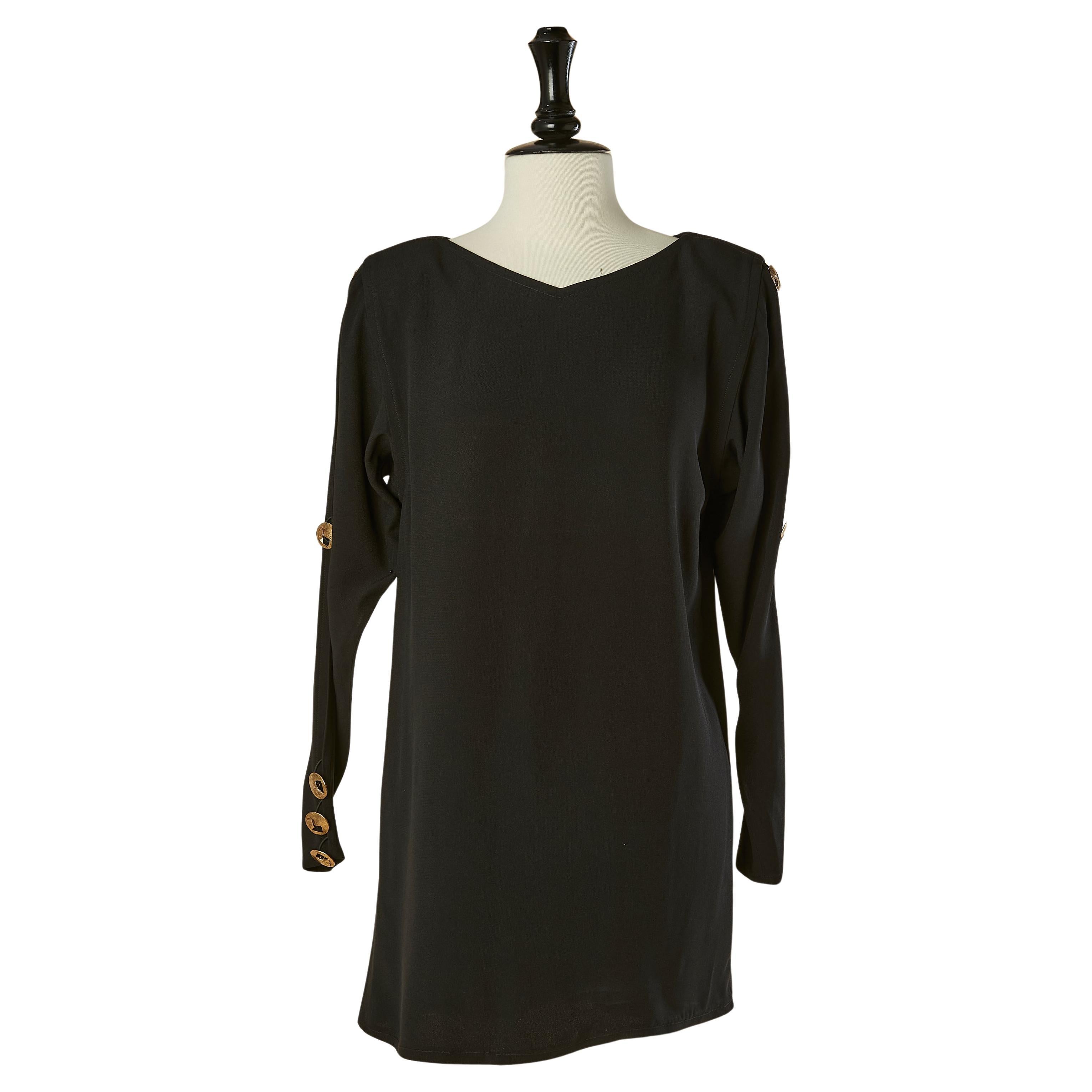 Black crêpe cocktail dress with gold metal button SAINT LAURENT RIVE GAUCHE For Sale