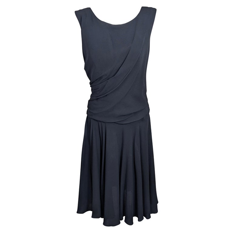 Black Crepe Draped and Flared Mid Century Dress For Sale at 1stDibs