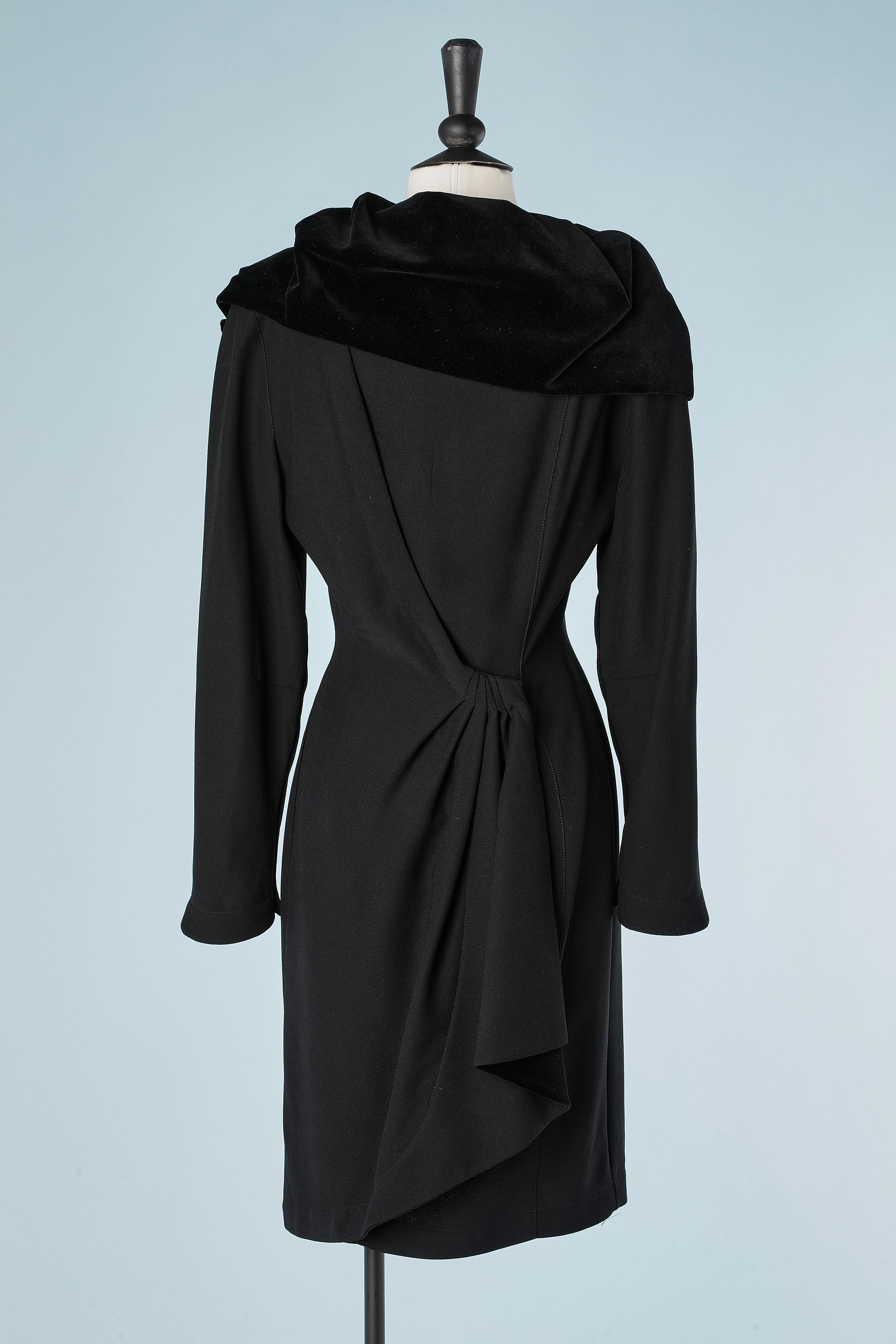 Women's Black crêpe dress with black velvet drape neckline Thierry Mugler  For Sale