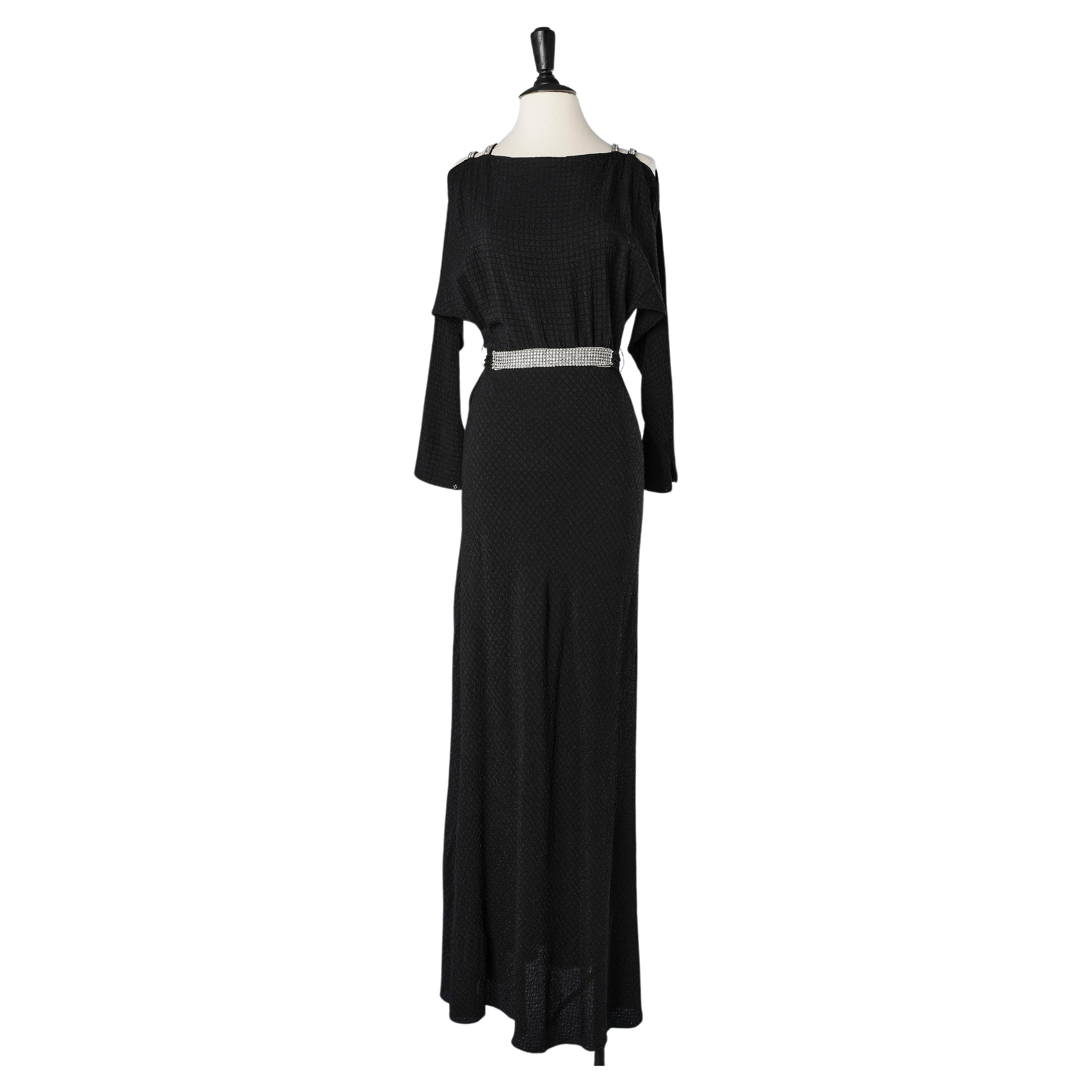Black crêpe evening dress with rhinestone shoulder-strap and belt Circa 1930's  For Sale