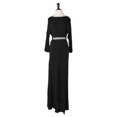 Black crêpe evening dress with rhinestone shoulder-strap and belt Circa 1930's 