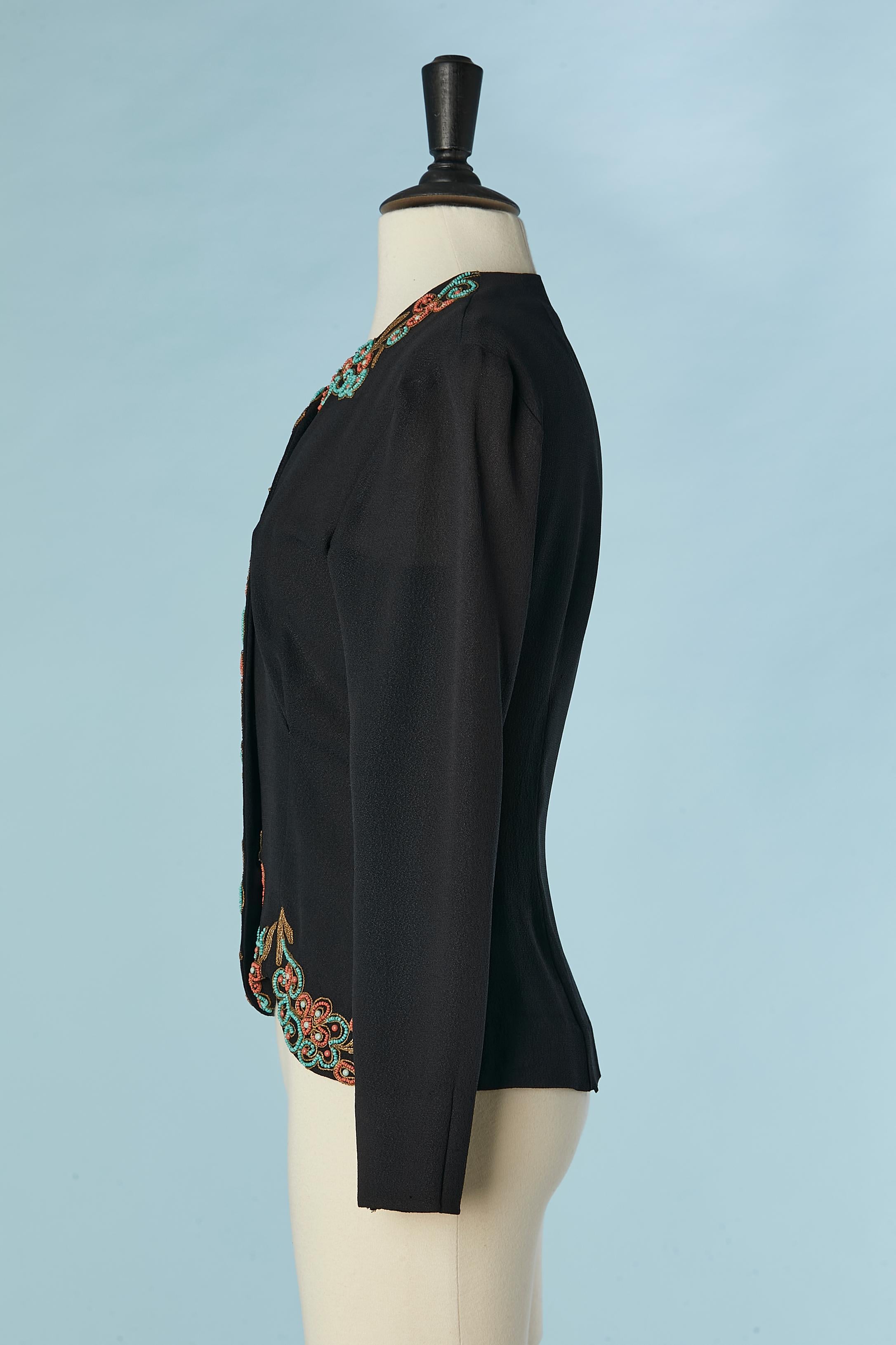 Women's Black crêpe jacket with beaded work on the edge Circa 1940's  For Sale