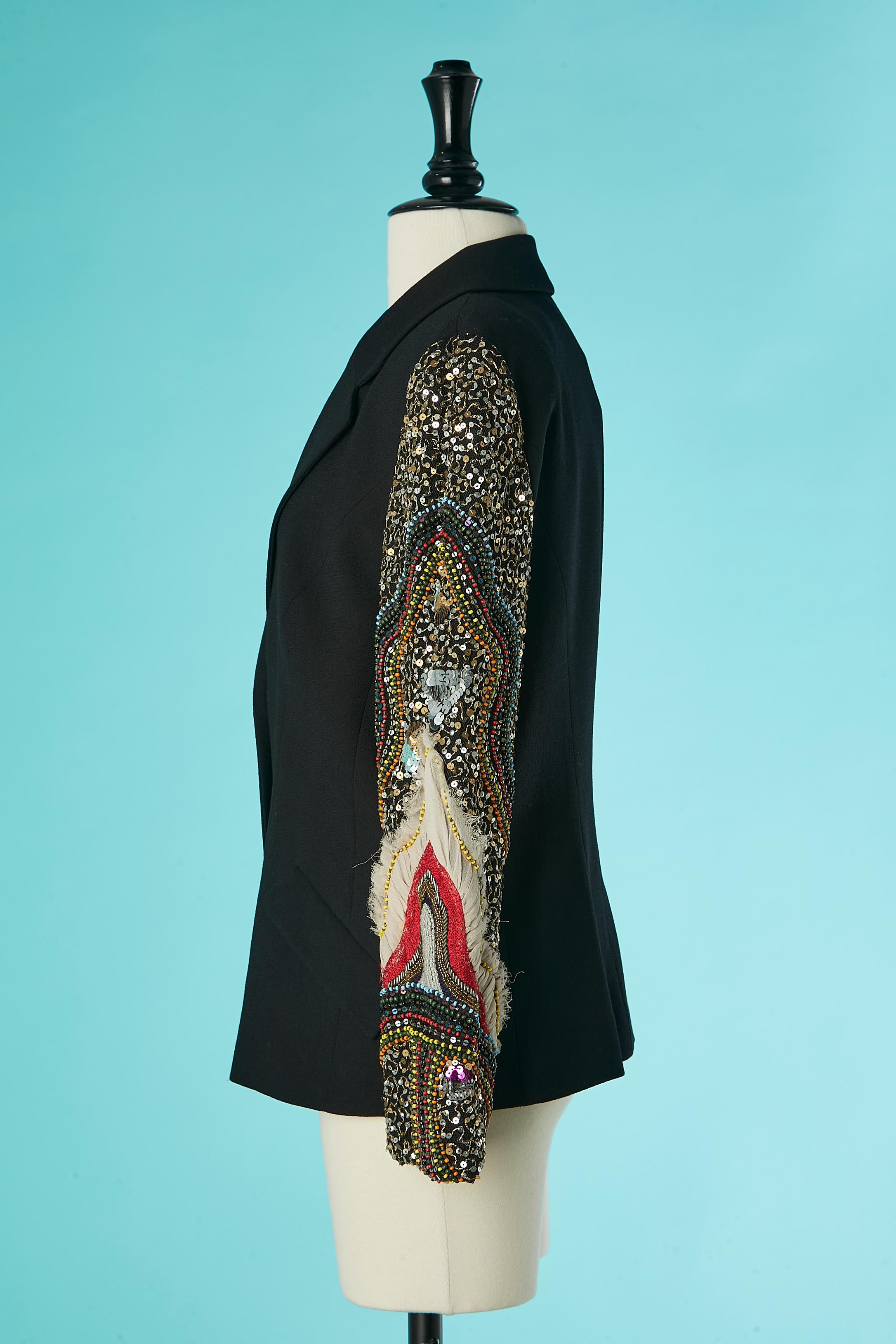 Black crêpe jacket with one full embroidery sleeve Christian Lacroix Bazar For Sale 1