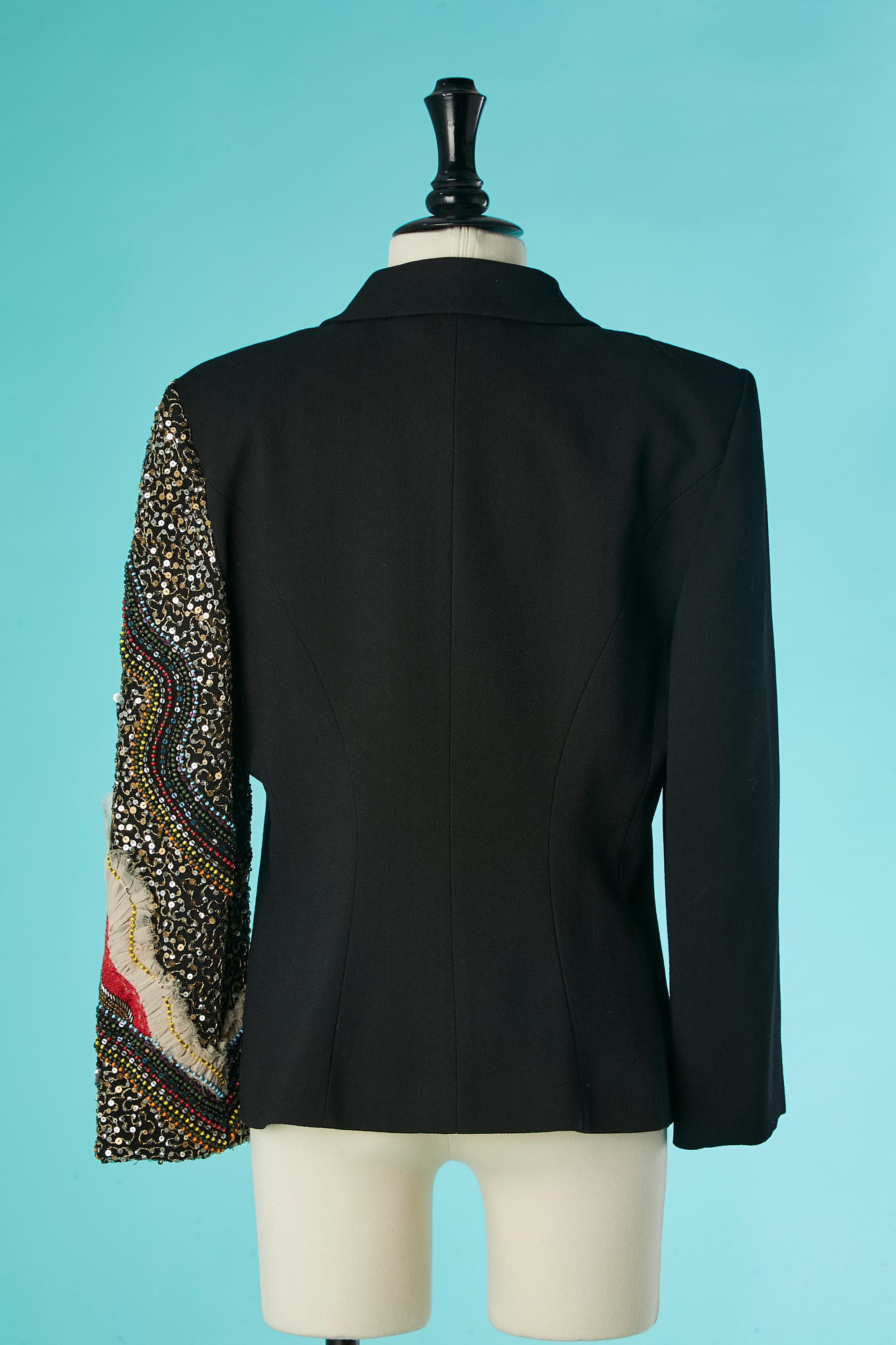 Black crêpe jacket with one full embroidery sleeve Christian Lacroix Bazar For Sale 2