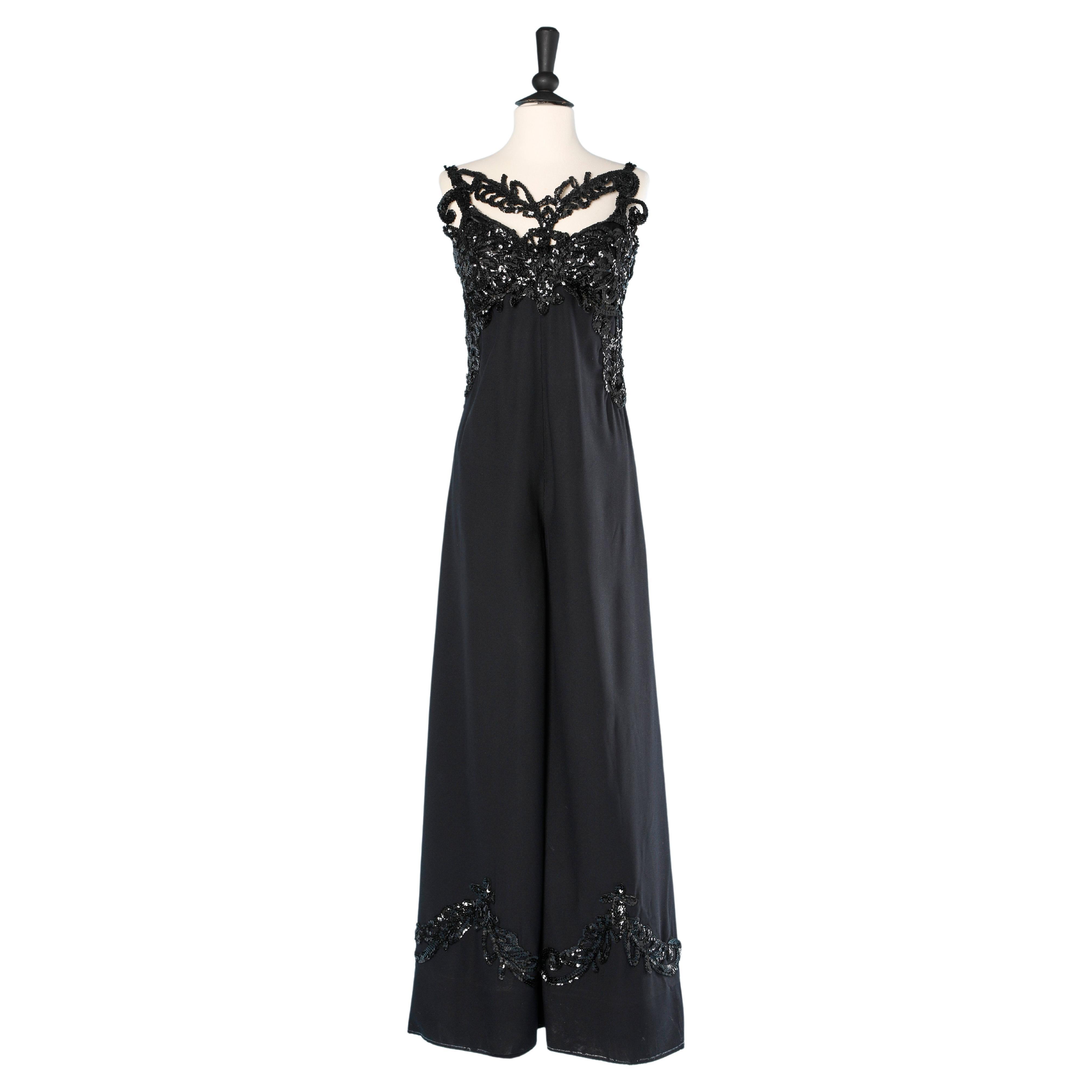 Black crêpe jumpsuit with sequins embroidered For Sale