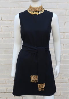 Black Crepe Mini Cocktail Dress With Gold Coins & Beading, 1960's