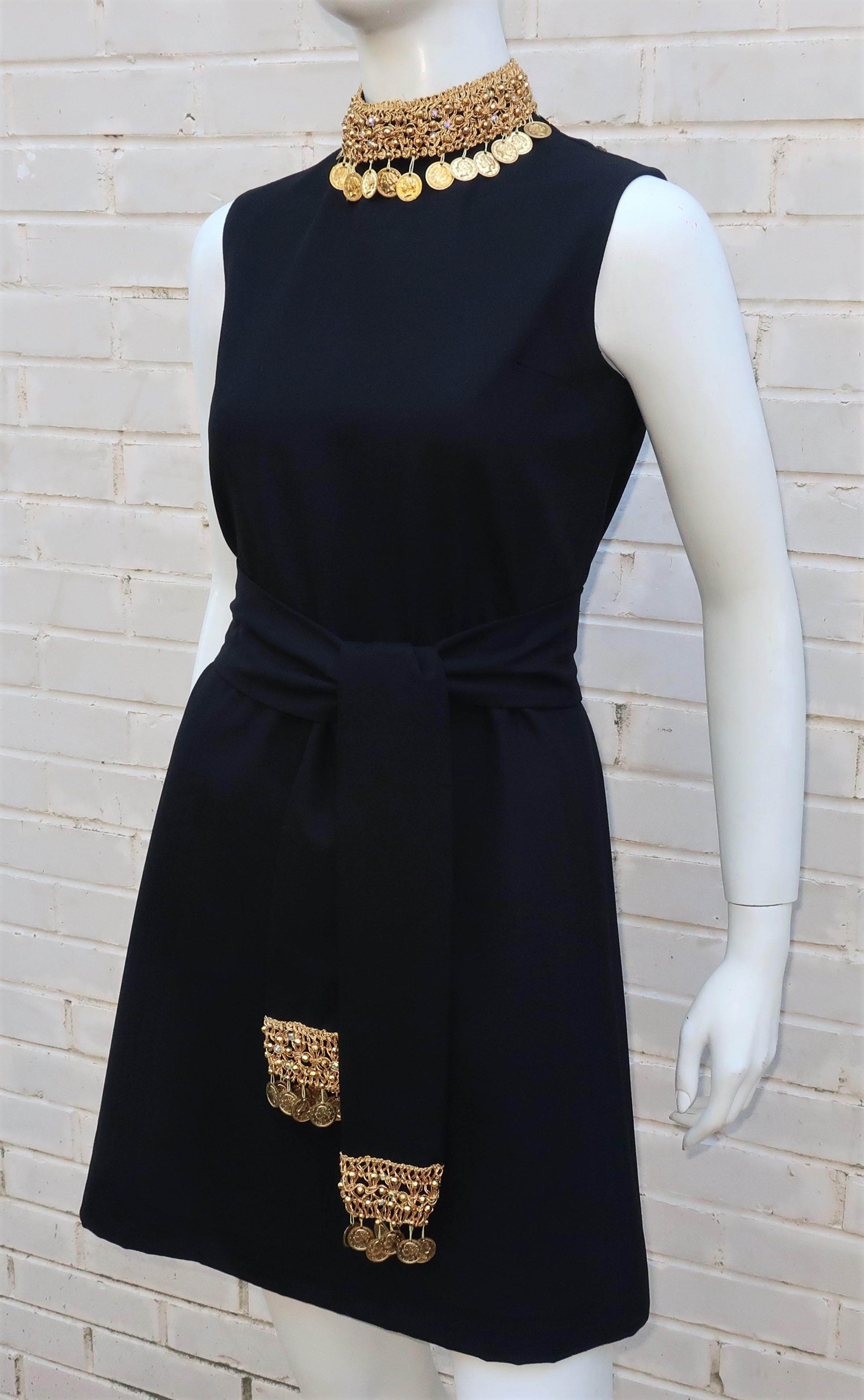 Women's Black Crepe Mini Cocktail Dress With Gold Coins & Beading, 1960's